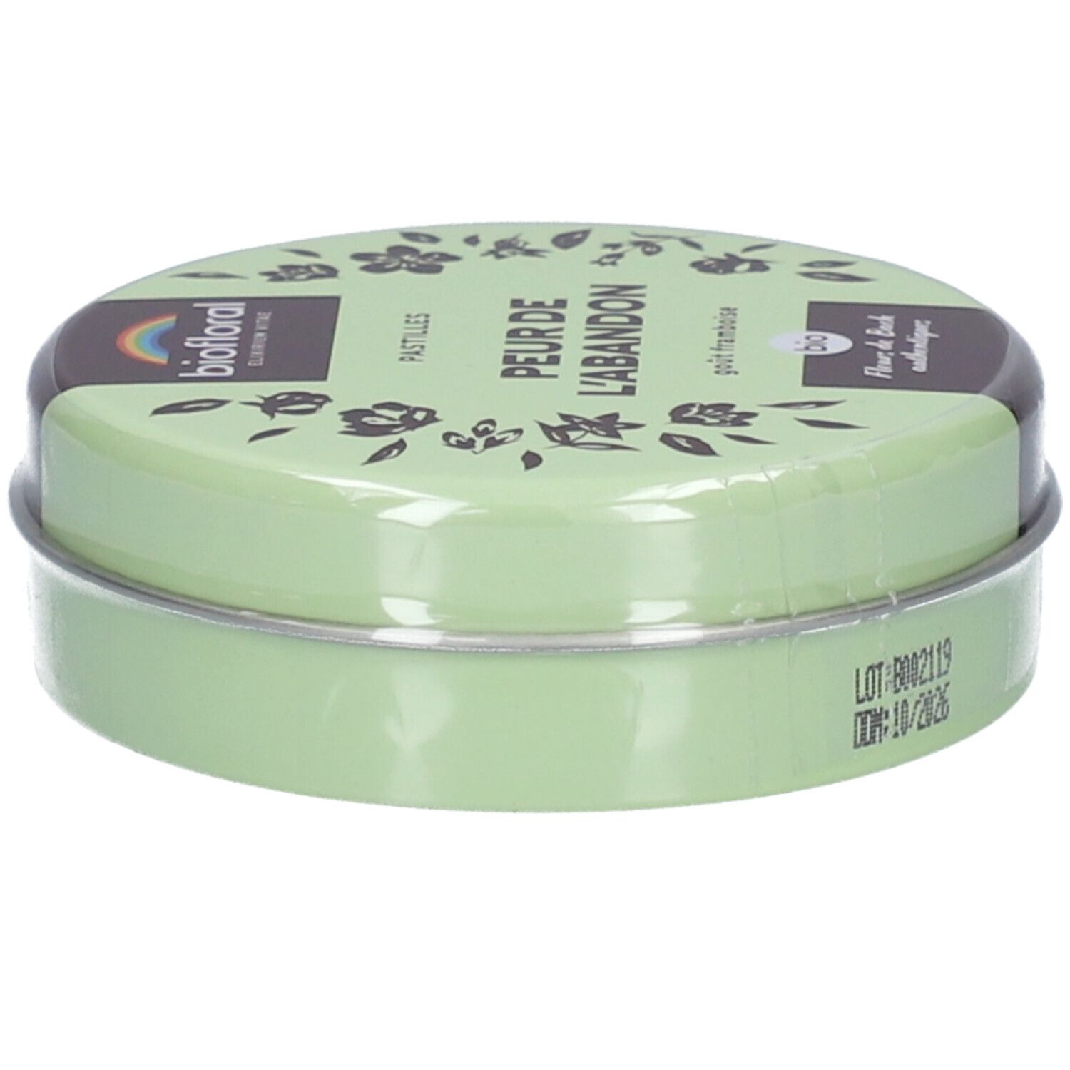 Grüne, runde Dose mit Pastillen. Aufschrift: BIOFLORAL, Peur de l'Abandon, goût framboise. MHD: 10/2026.