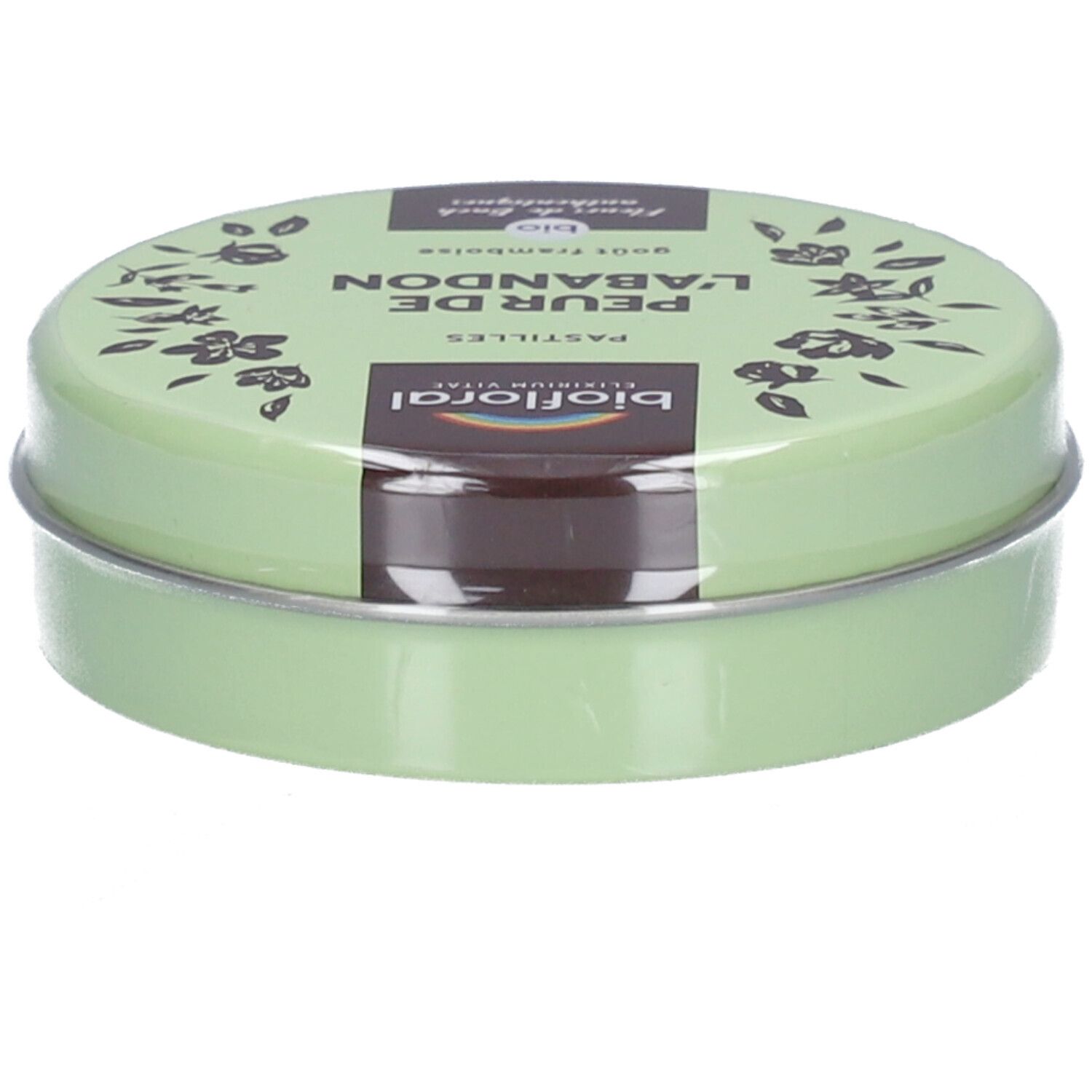 Grüne, runde Dose mit Pastillen. Aufschrift: BIOFLORAL, Peur de l'Abandon, goût framboise. MHD: 10/2026.