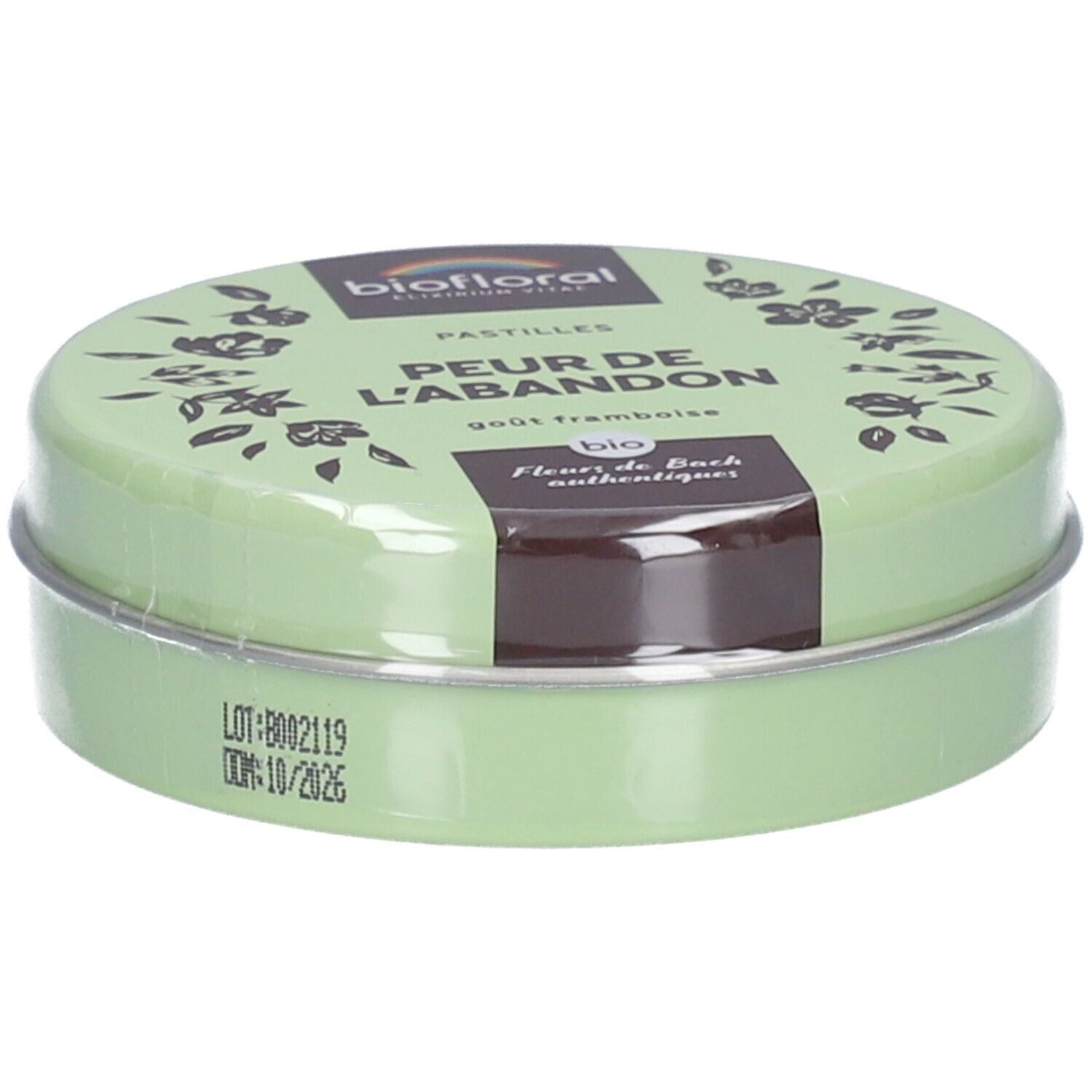 Grüne, runde Dose mit Pastillen. Aufschrift: BIOFLORAL, Peur de l'Abandon, goût framboise. MHD: 10/2026.