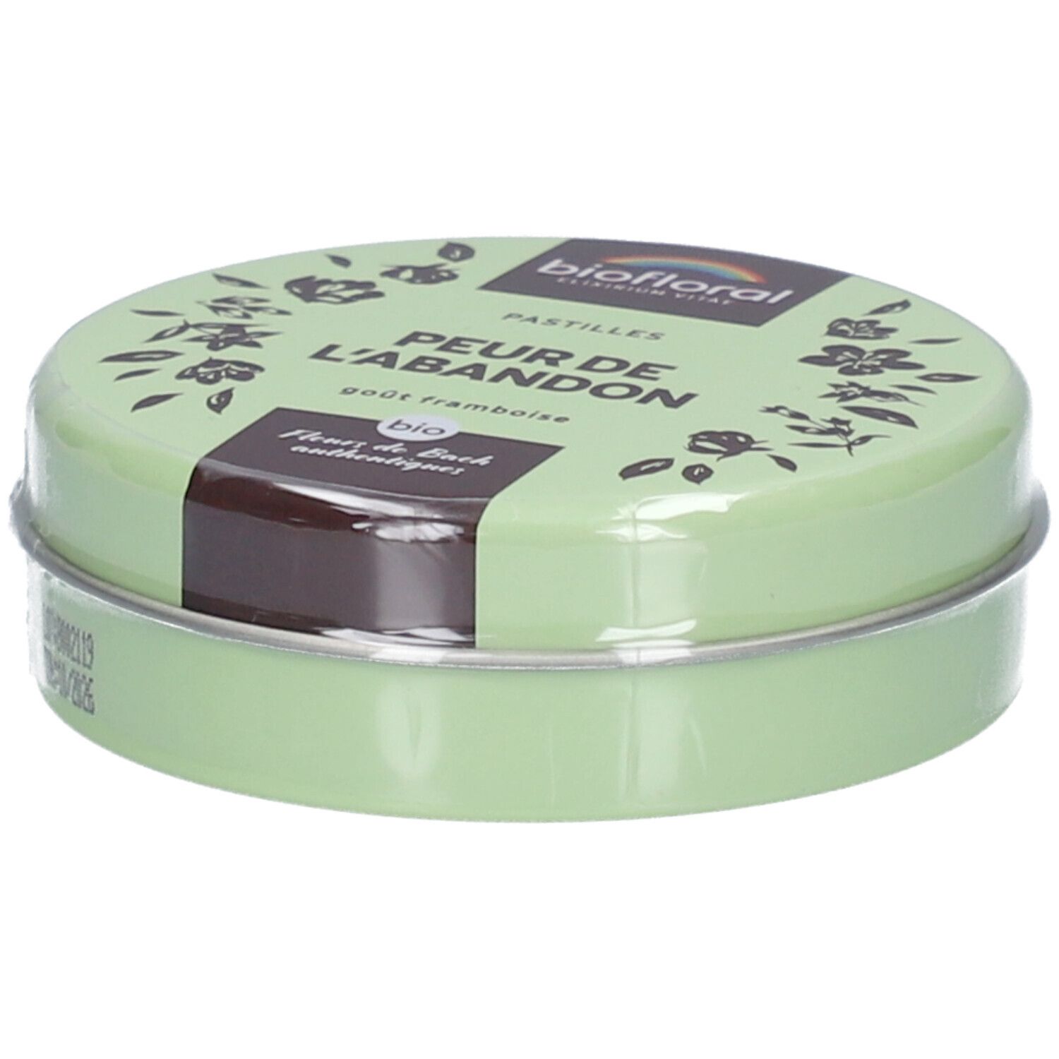 Grüne, runde Dose mit Pastillen. Aufschrift: BIOFLORAL, Peur de l'Abandon, goût framboise. MHD: 10/2026.