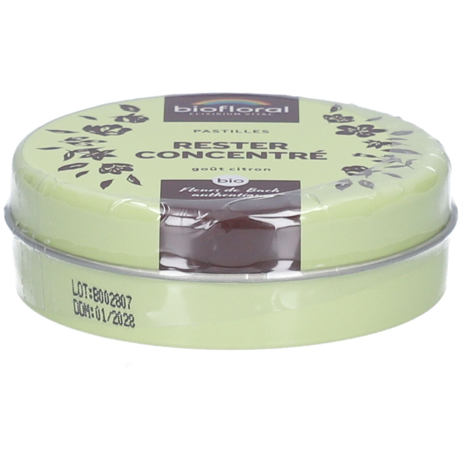 Boîte ronde verte avec inscriptions BIOFLORAL, RESTRE CONCENTRÉ, Pastilles. Date de péremption et numéro de lot visibles.