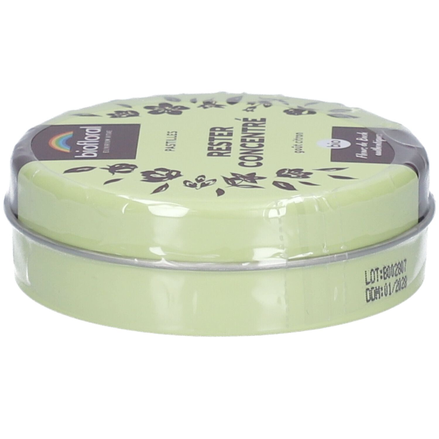 Boîte ronde verte avec inscriptions BIOFLORAL, RESTRE CONCENTRÉ, Pastilles. Date de péremption et numéro de lot visibles.