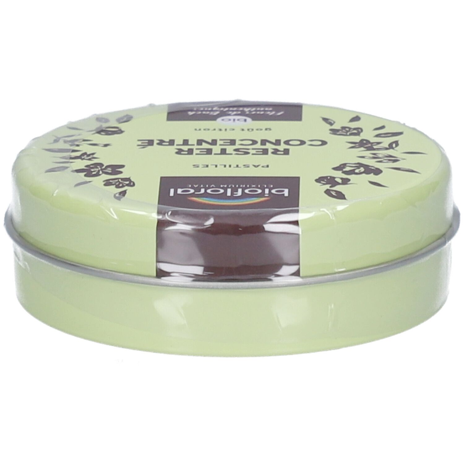 Boîte ronde verte avec inscriptions BIOFLORAL, RESTRE CONCENTRÉ, Pastilles. Date de péremption et numéro de lot visibles.