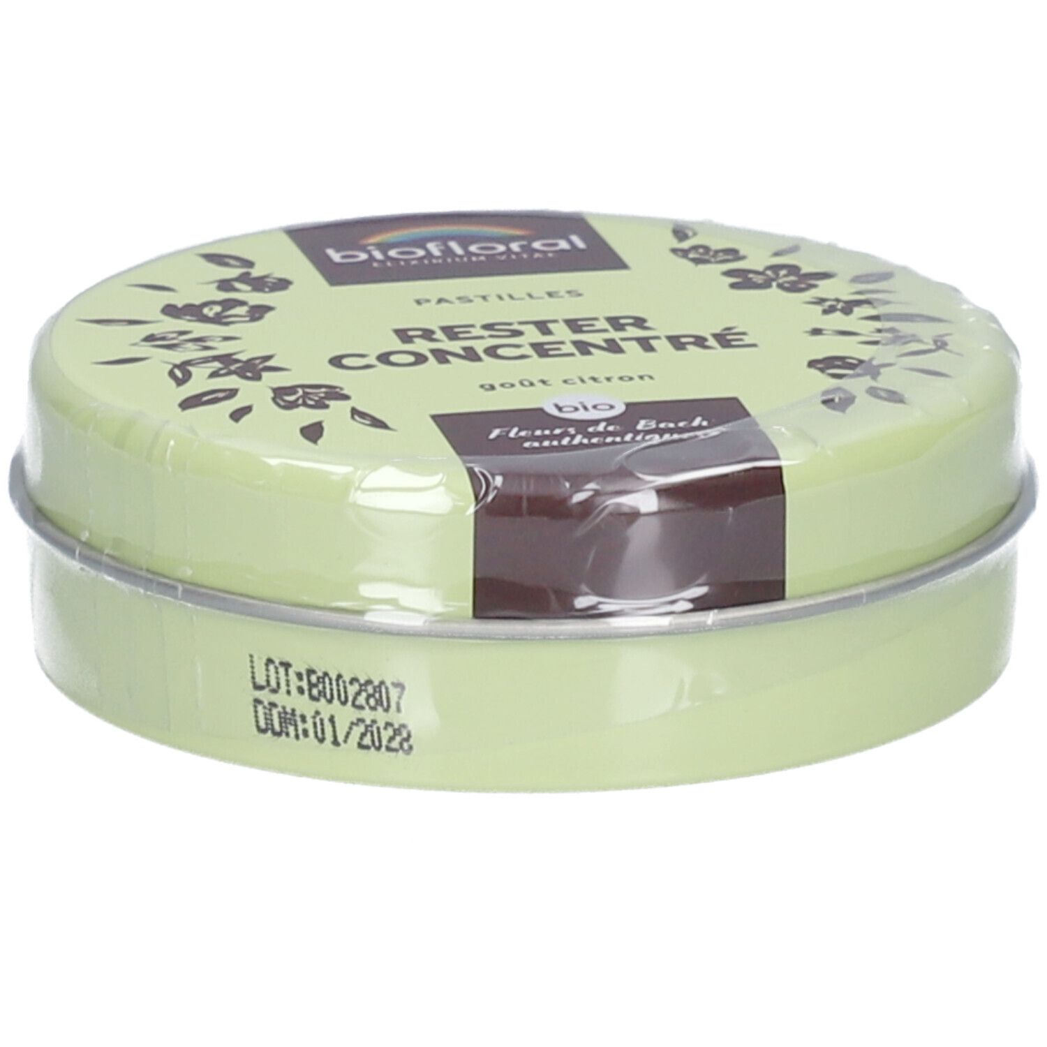 Boîte ronde verte avec inscriptions BIOFLORAL, RESTRE CONCENTRÉ, Pastilles. Date de péremption et numéro de lot visibles.