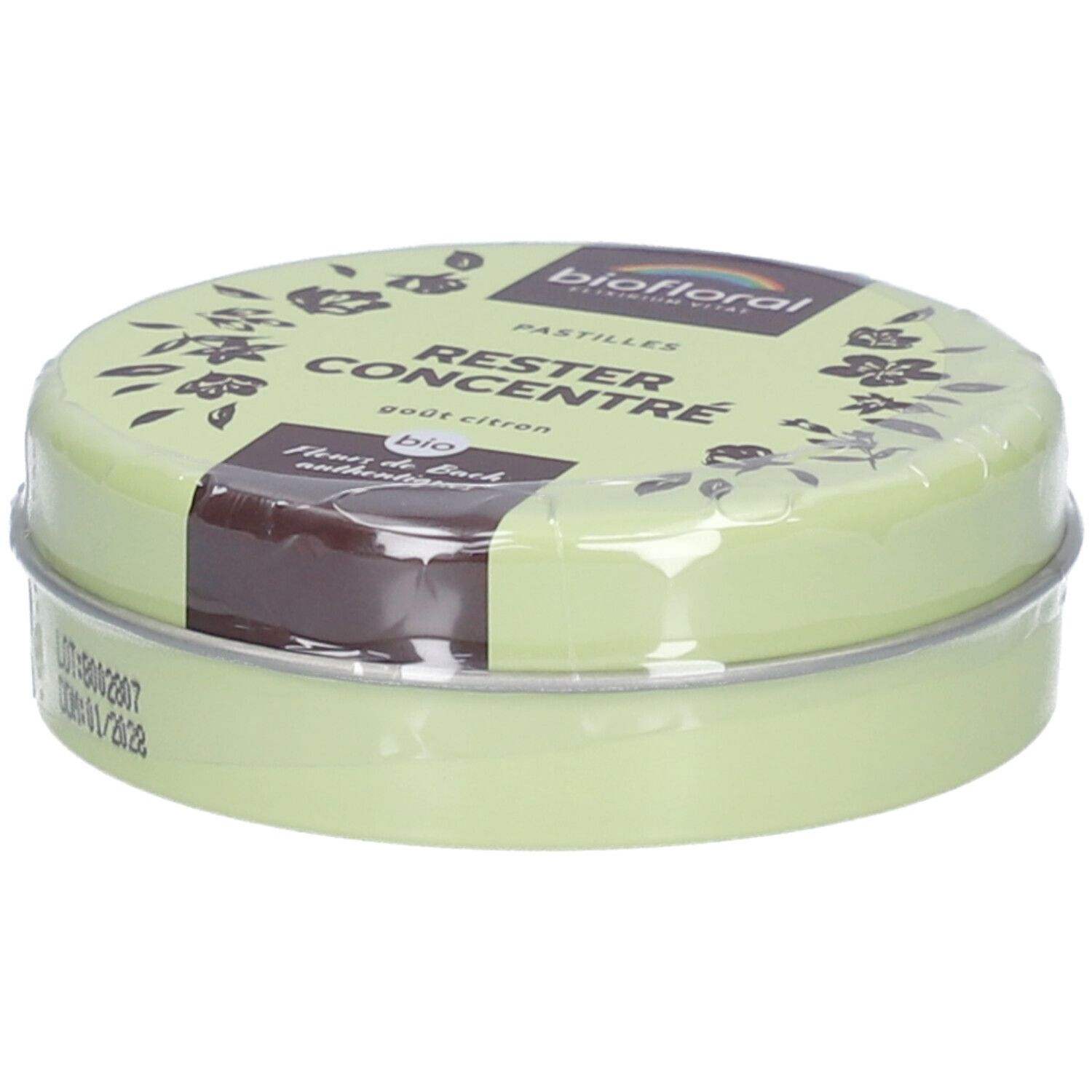 Boîte ronde verte avec inscriptions BIOFLORAL, RESTRE CONCENTRÉ, Pastilles. Date de péremption et numéro de lot visibles.