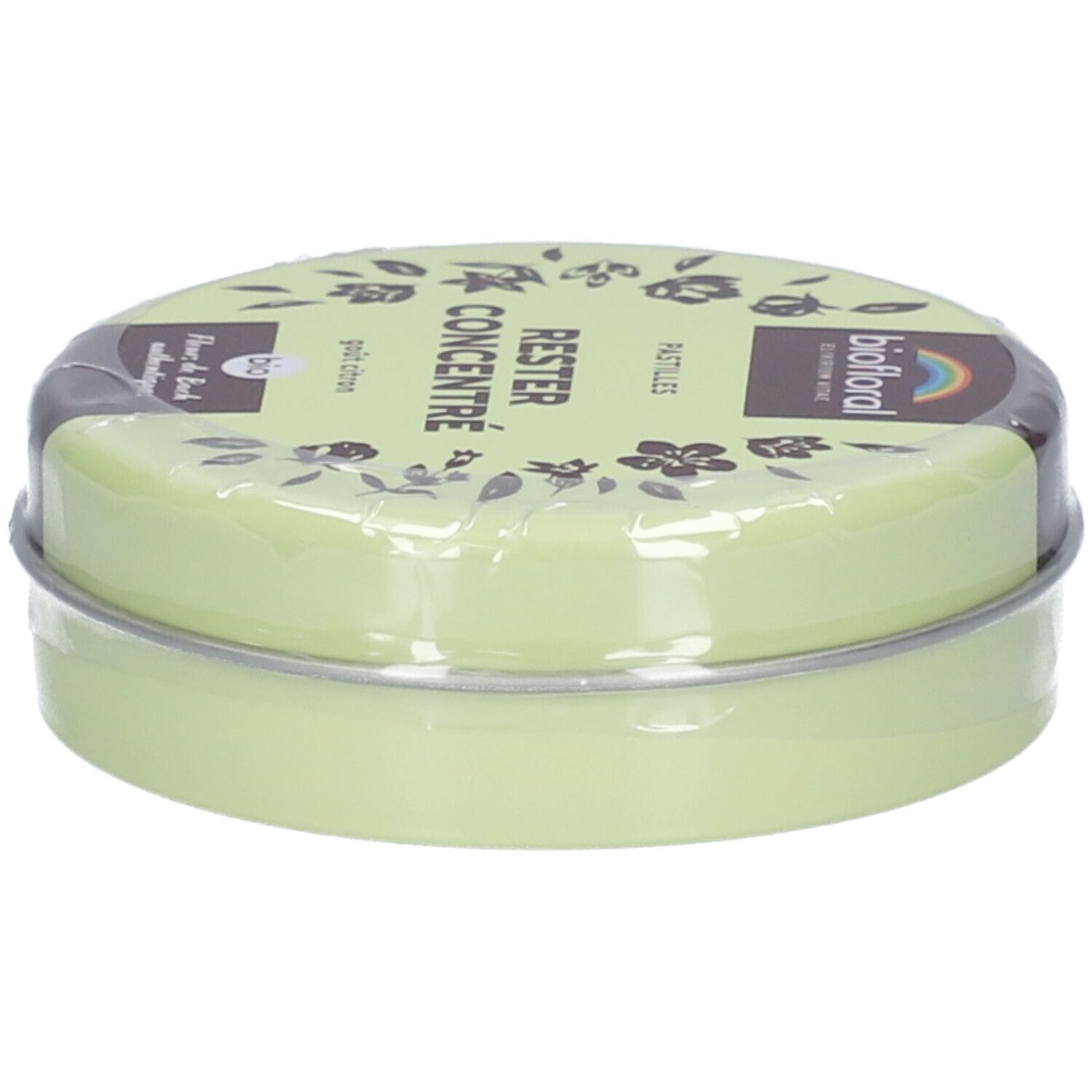 Boîte ronde verte avec inscriptions BIOFLORAL, RESTRE CONCENTRÉ, Pastilles. Date de péremption et numéro de lot visibles.