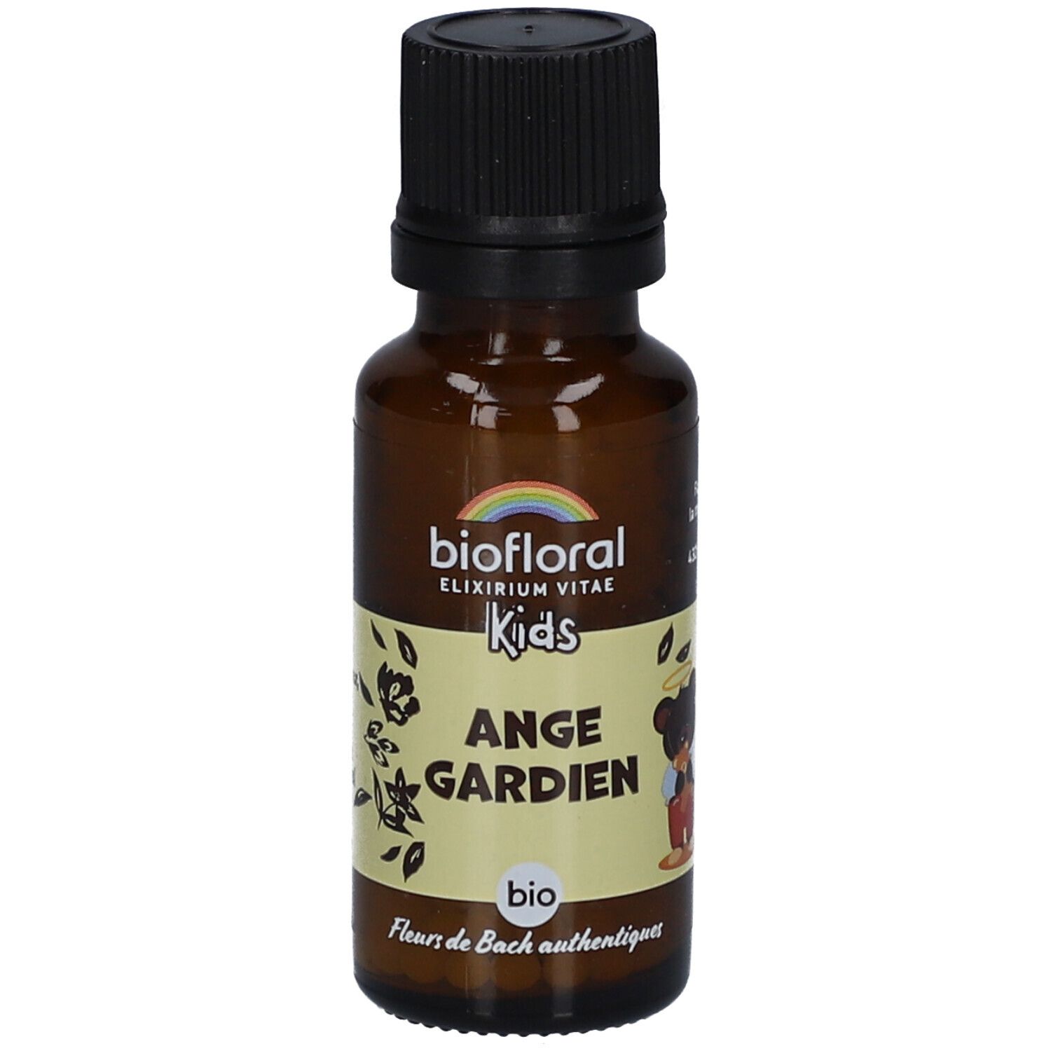 Flacon en verre brun avec bouchon noir. Étiquette avec texte: biofloral Kids Ange Gardien. Certification bio.