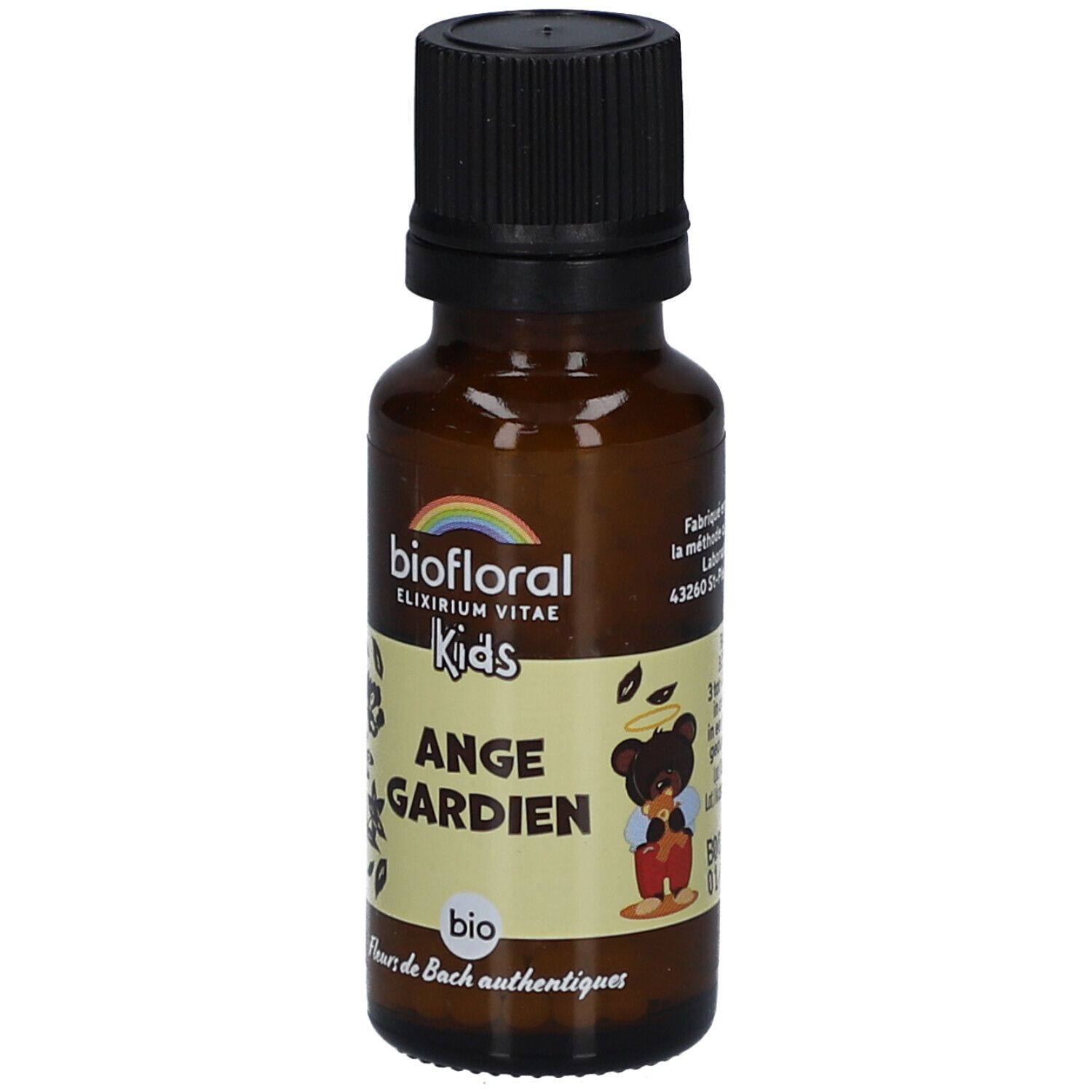 Flacon en verre brun avec bouchon noir. Étiquette avec texte: biofloral Kids Ange Gardien. Certification bio.