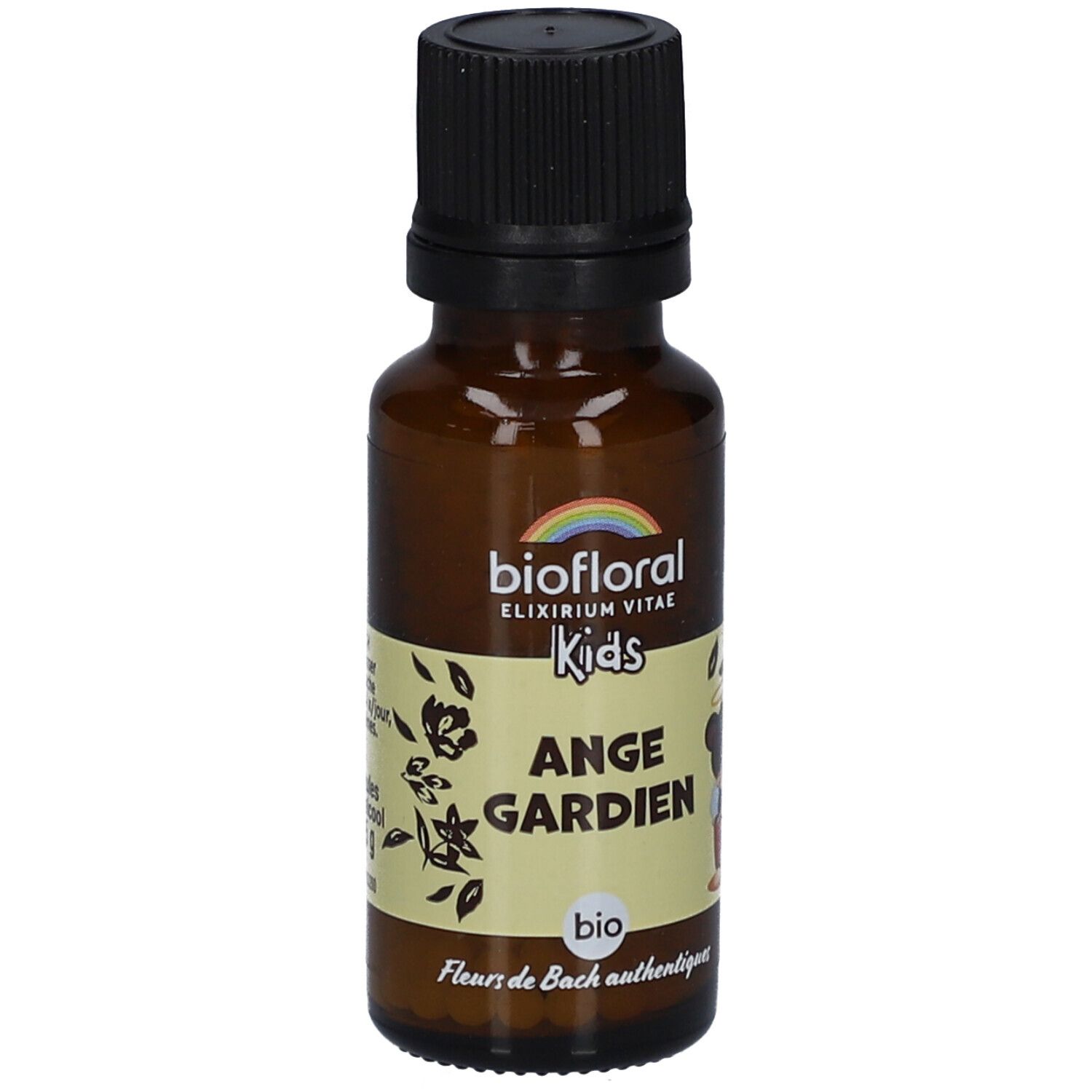Flacon en verre brun avec bouchon noir. Étiquette avec texte: biofloral Kids Ange Gardien. Certification bio.