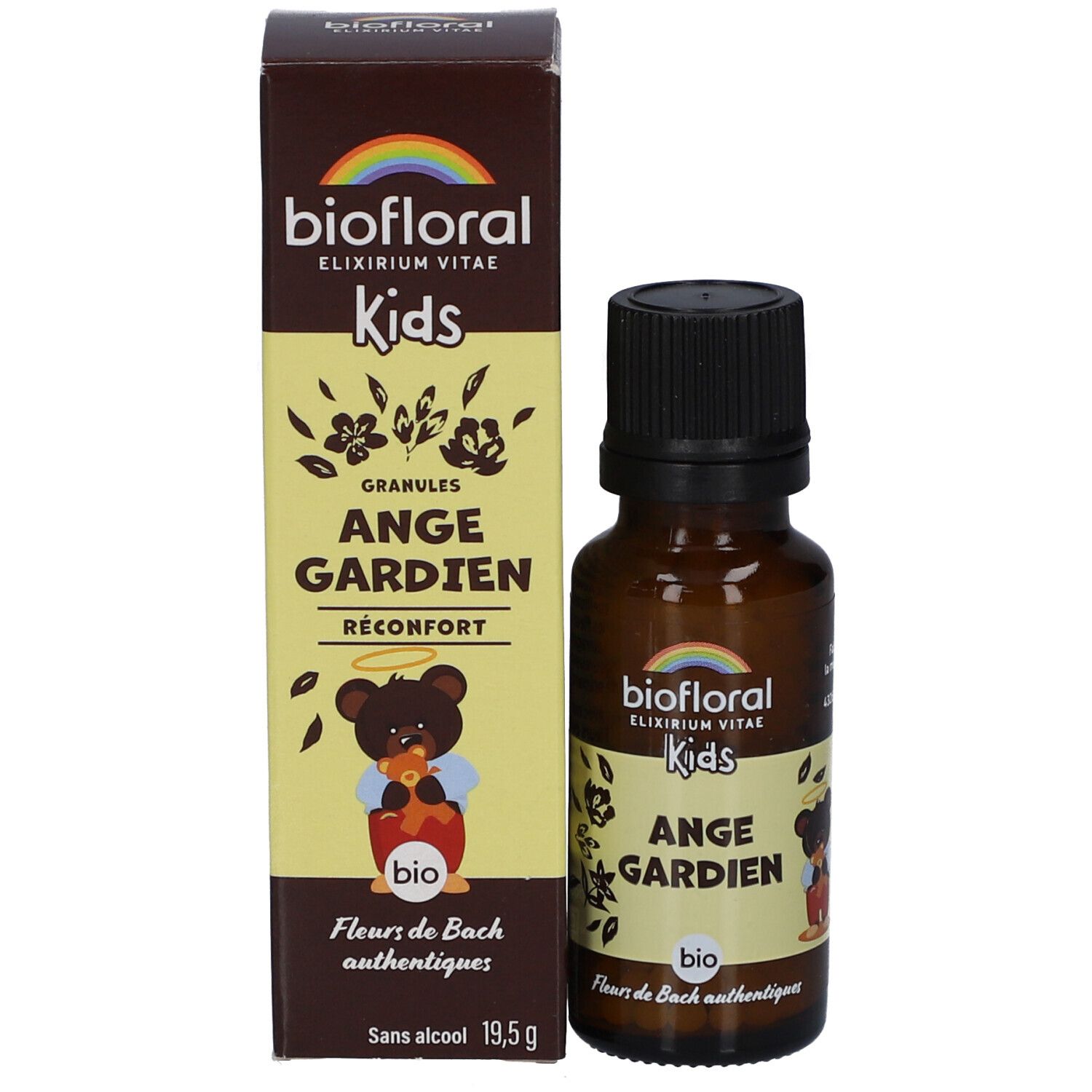 Emballage et flacon. Boîte avec texte: biofloral Kids Ange Gardien, Granules, Sans alcool, 19,5 g.