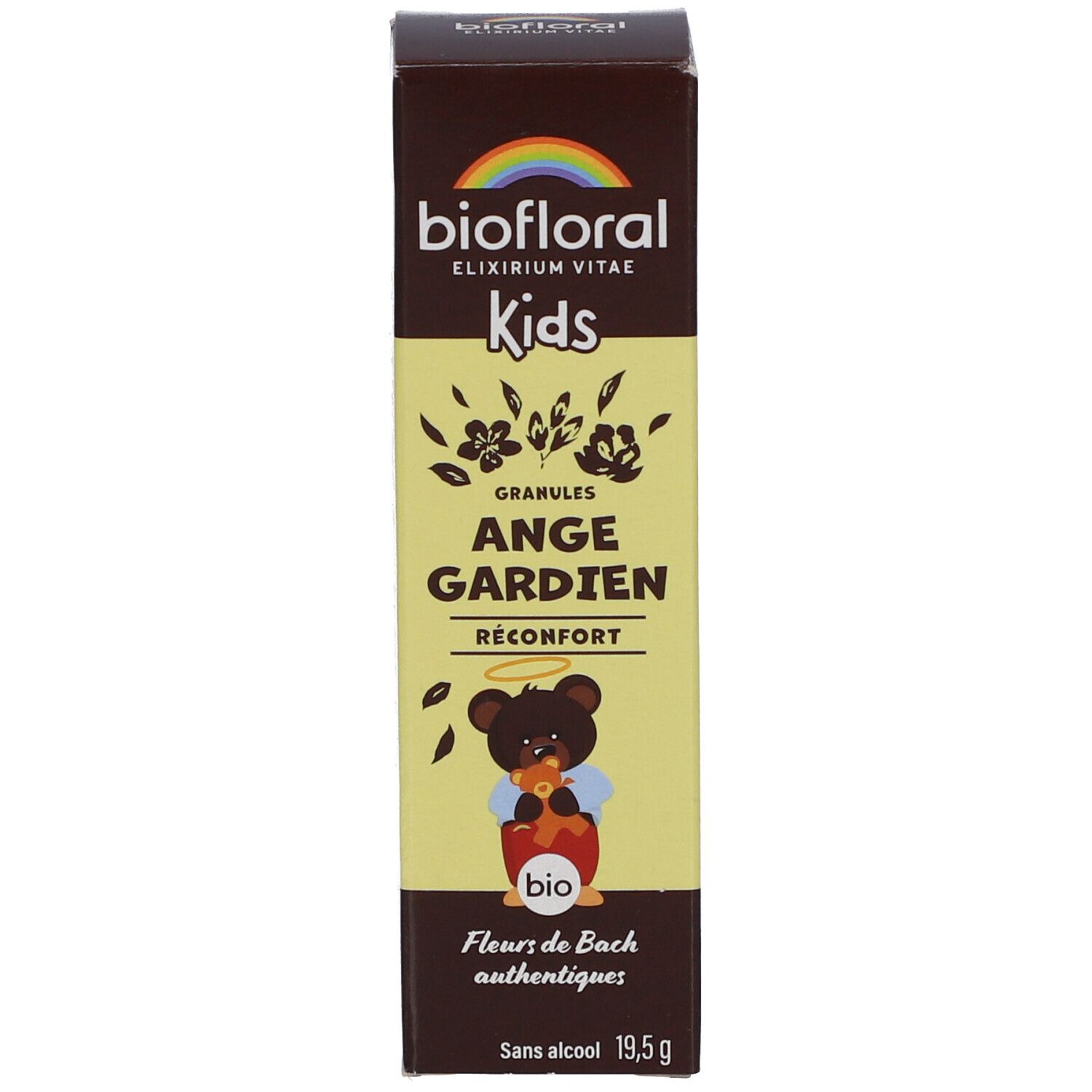 Emballage du produit. Boîte avec texte: biofloral Kids Ange Gardien, Granules, Sans alcool, 19,5 g.