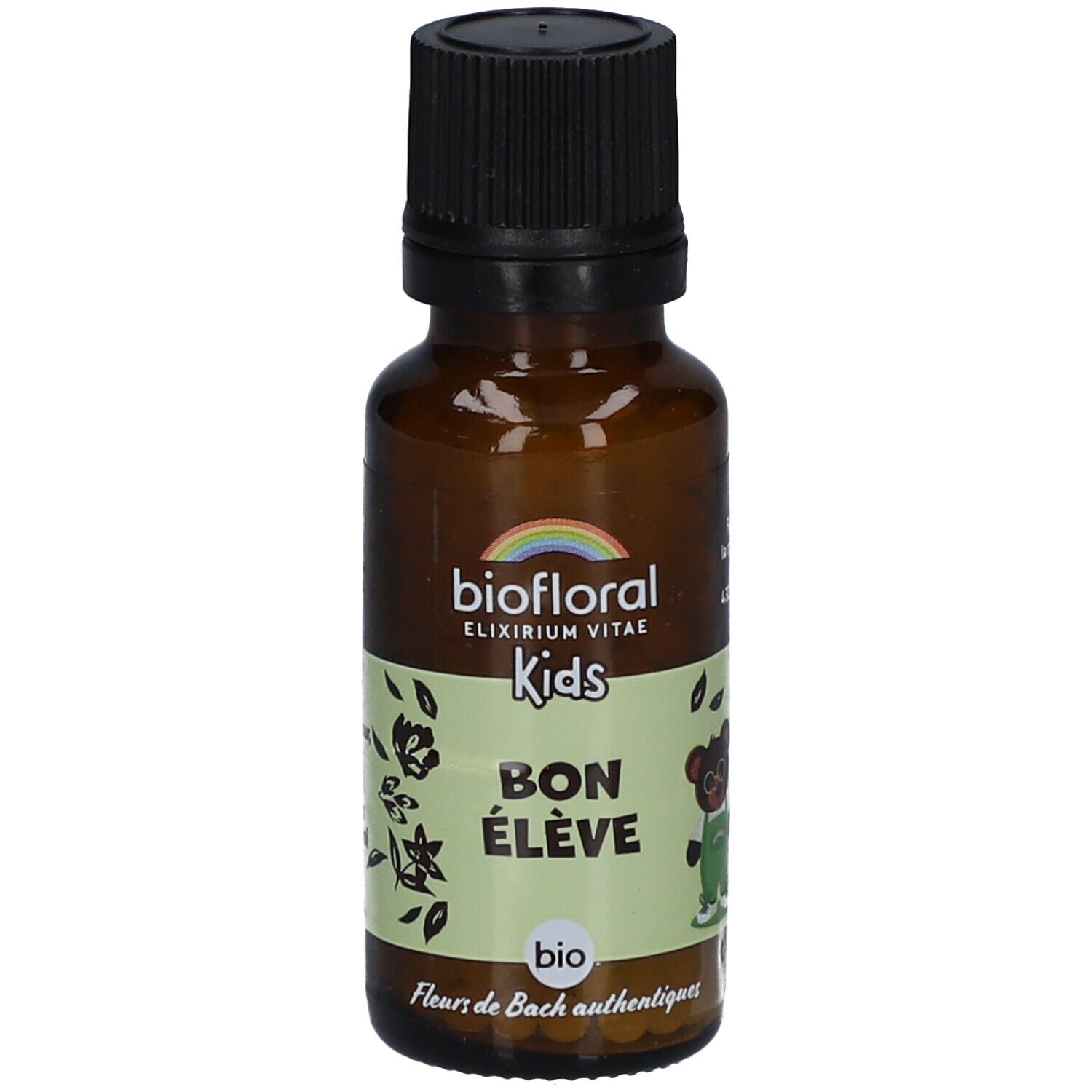 Flacon en verre brun avec bouchon noir. Étiquette avec "biofloral", "Kids", "Bon Élève" et un dessin d'ours. Logo arc-en-ciel.