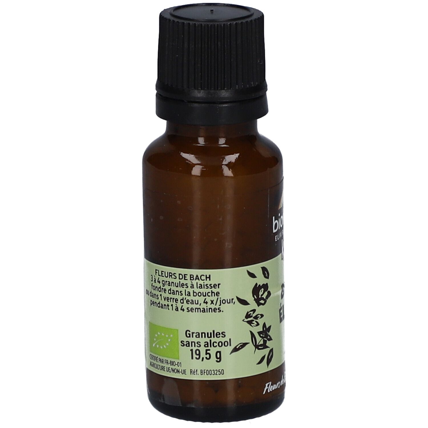 Flacon en verre brun avec bouchon noir. Étiquette avec texte, dont "Granules sans alcool" et "19,5 g". Certification bio.