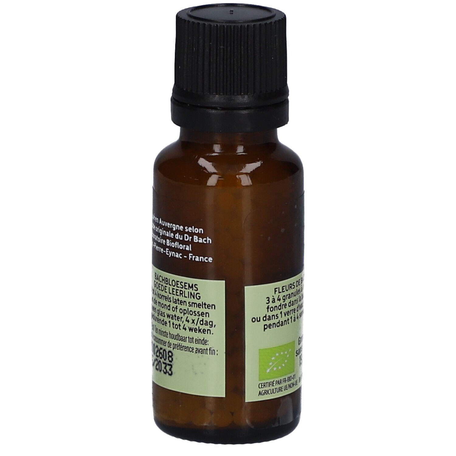 Flacon en verre brun avec bouchon noir. Étiquette avec texte, dont "Bachbloesems" et "1 tot 4 weken". Certification bio.