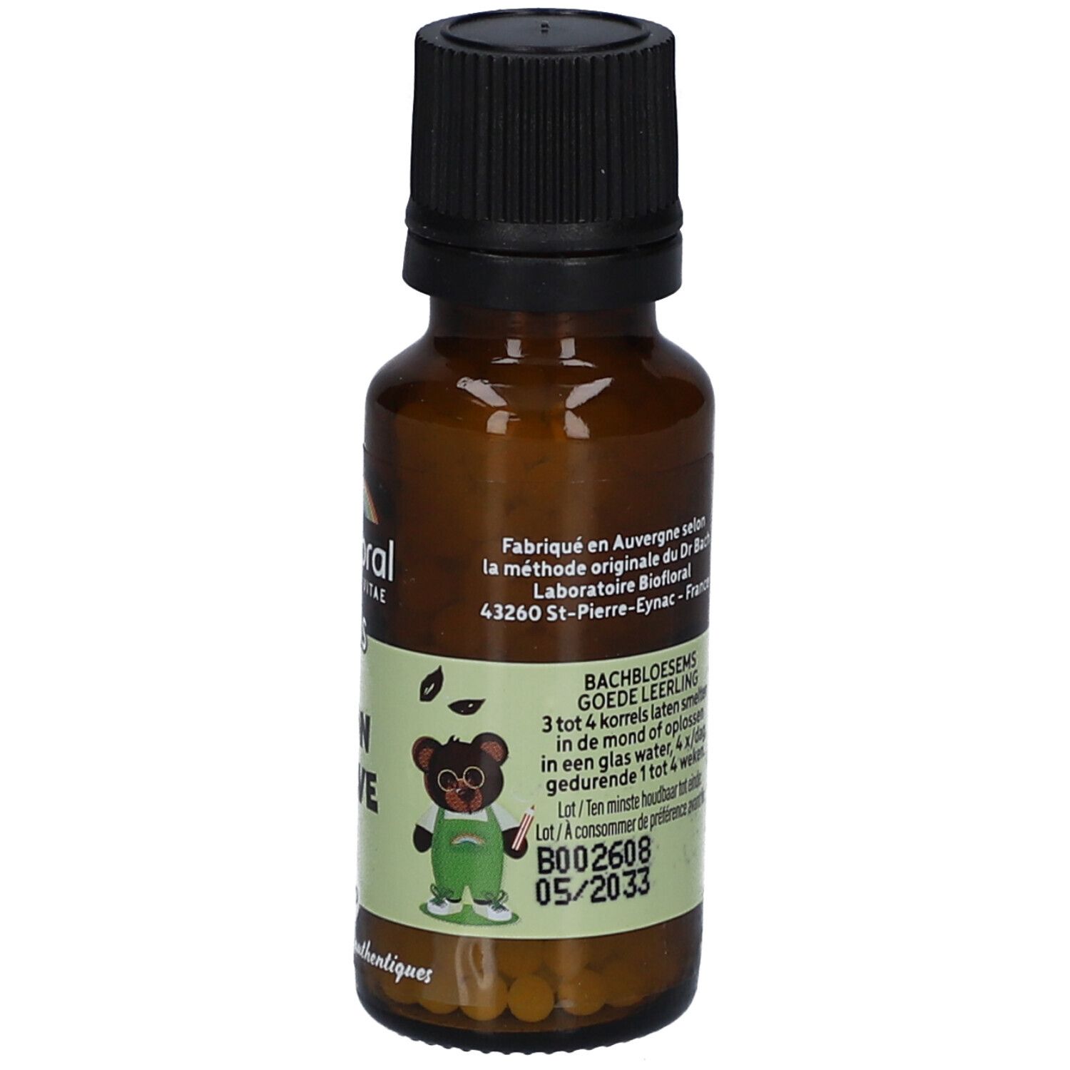 Flacon en verre brun avec bouchon noir. Étiquette avec texte, dont "Bachbloesems" et "05/2033". Ours de dessin animé.