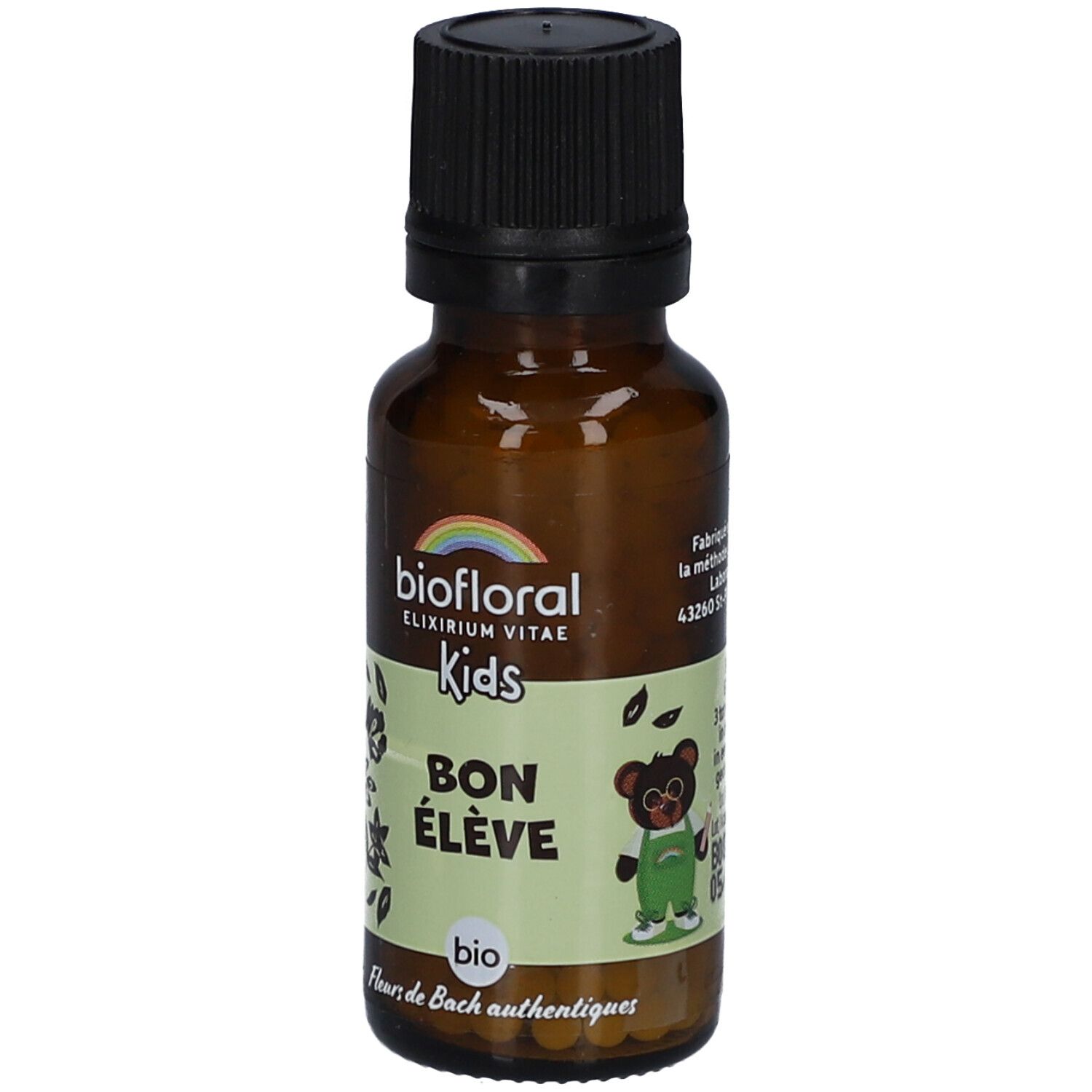 Flacon en verre brun avec bouchon noir. Étiquette avec "biofloral", "Kids", "Bon Élève" et un ours. Logo arc-en-ciel.