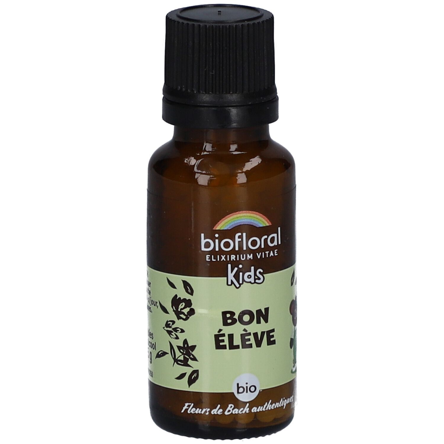 Flacon en verre brun avec bouchon noir. Étiquette avec "biofloral", "Kids", "Bon Élève" et un ours. Logo arc-en-ciel.