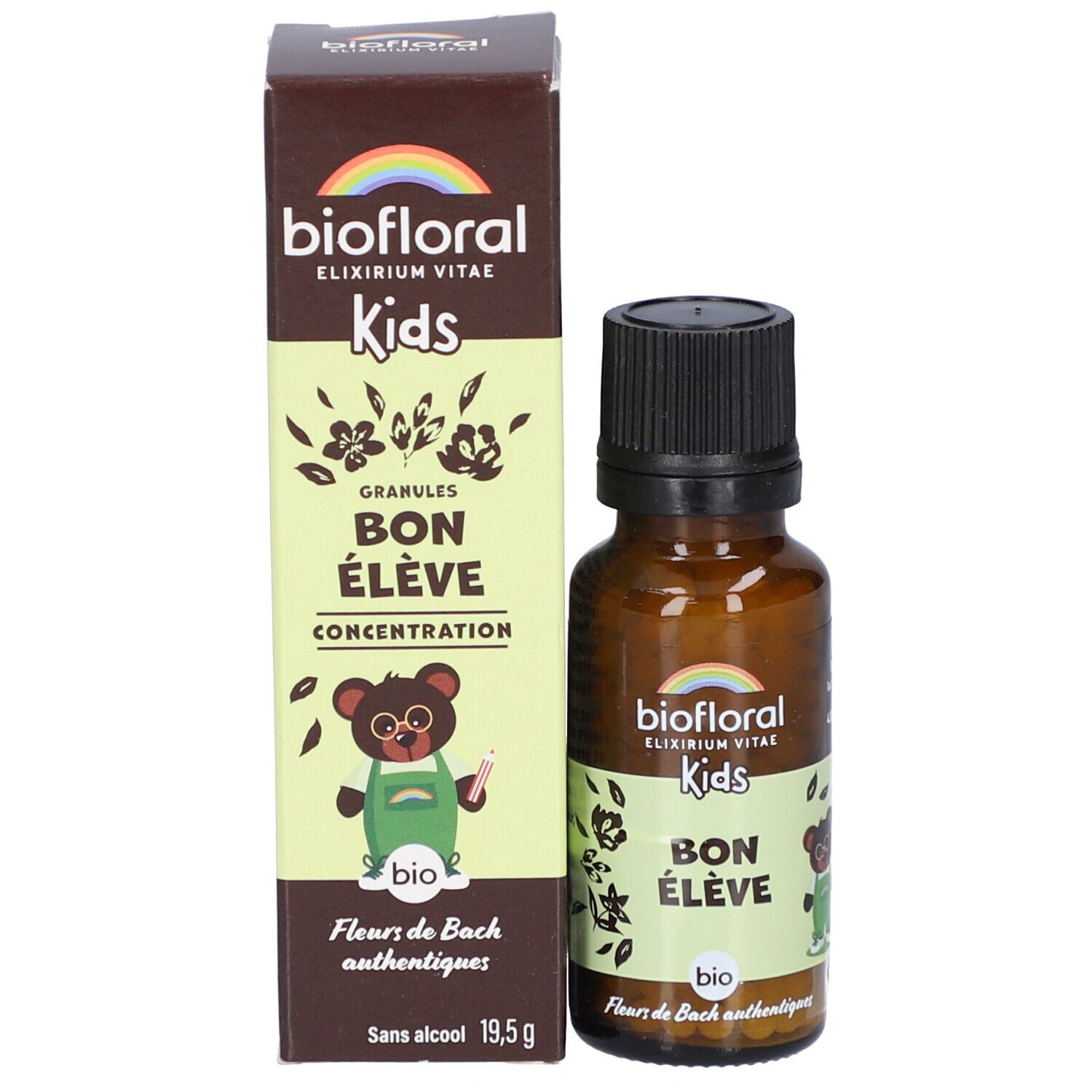 Flacon et boîte du produit. Boîte avec "biofloral", "Kids", "Bon Élève" et un ours. Logo arc-en-ciel.