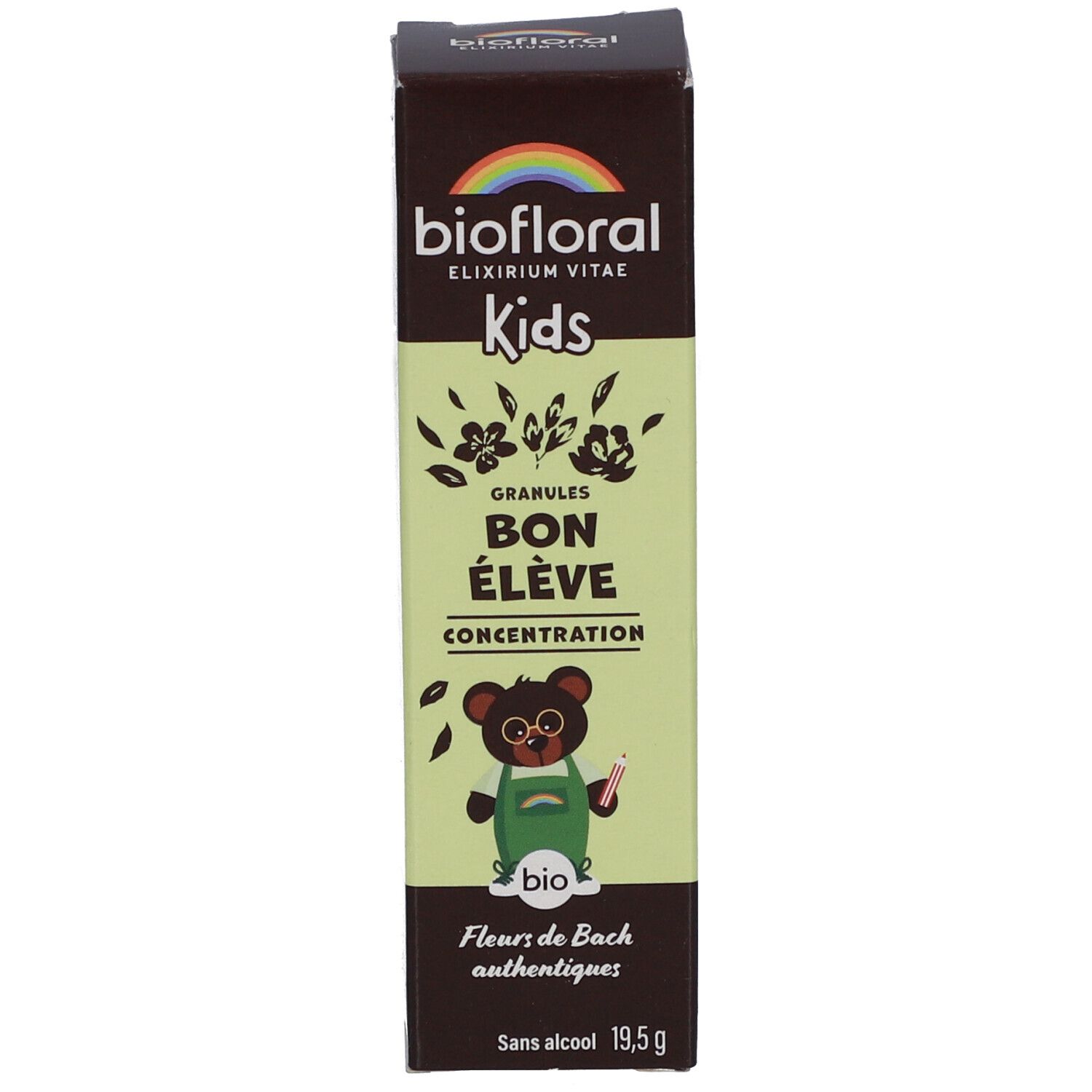 Emballage du produit. Boîte avec "biofloral", "Kids", "Bon Élève" et un ours. Logo arc-en-ciel.