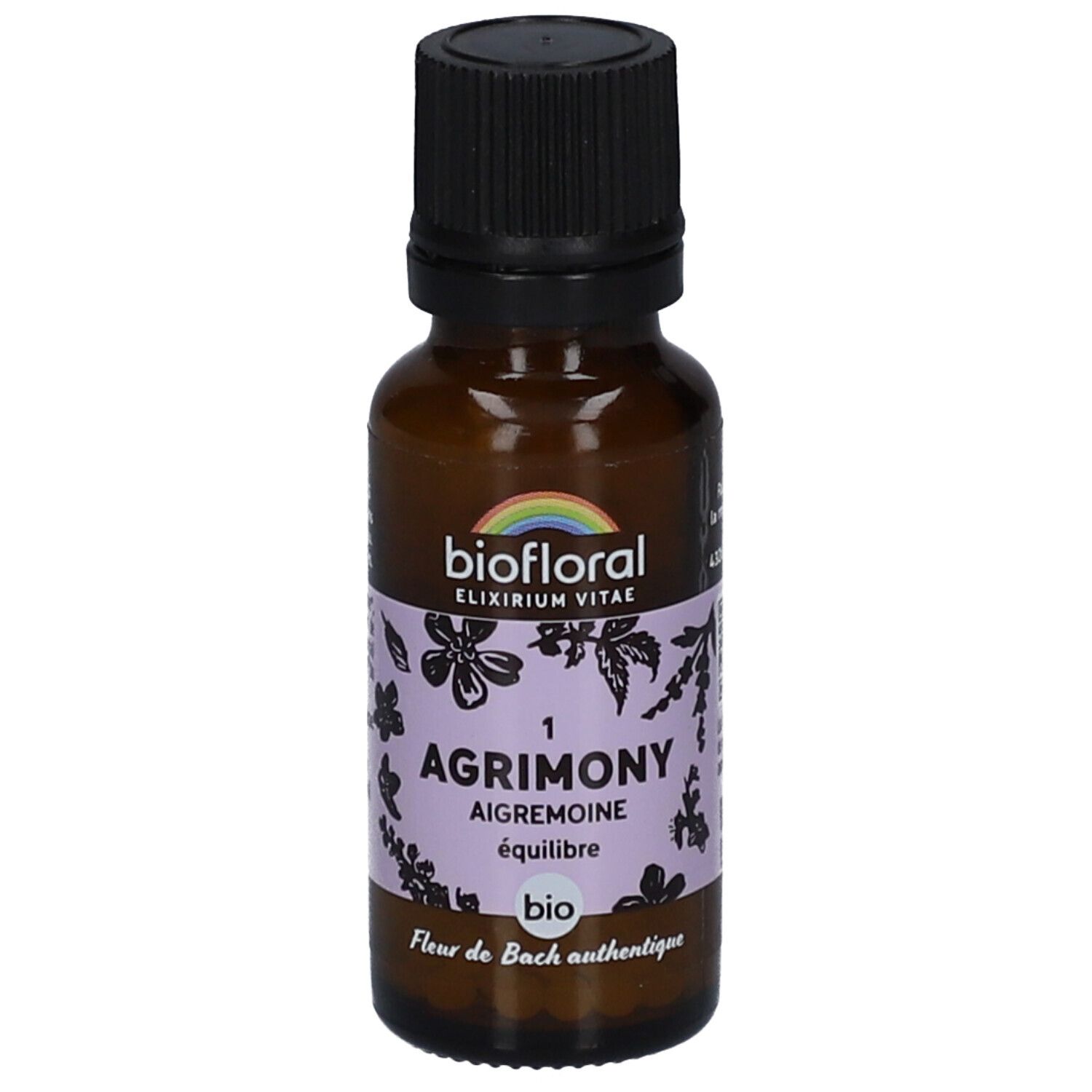 Flacon en verre brun avec bouchon noir. Étiquette avec nom du produit, motifs floraux et label bio. Marque : BIOFLORAL.