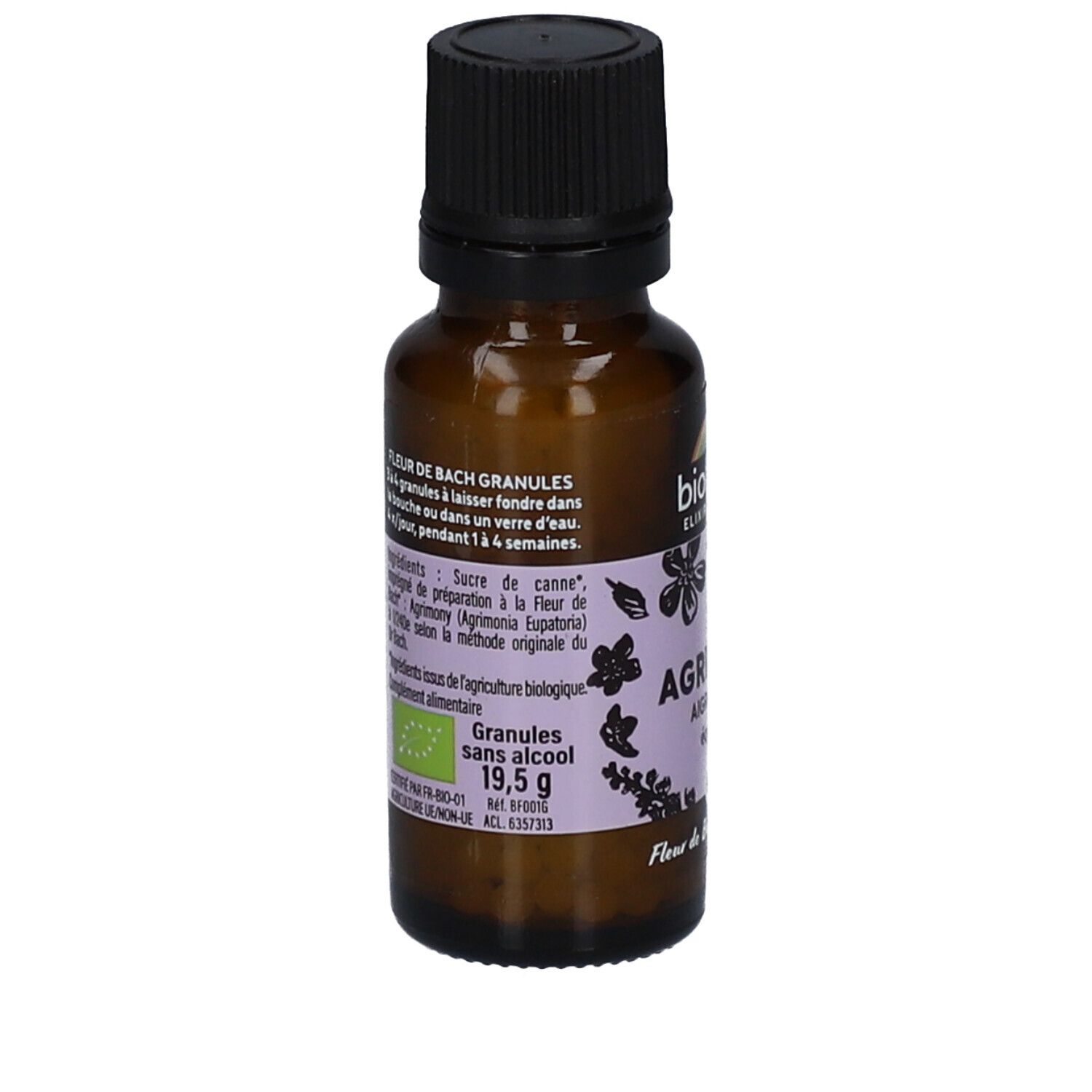 Flacon en verre brun avec bouchon noir. Étiquette avec ingrédients, label bio et informations produit. Marque : BIOFLORAL.