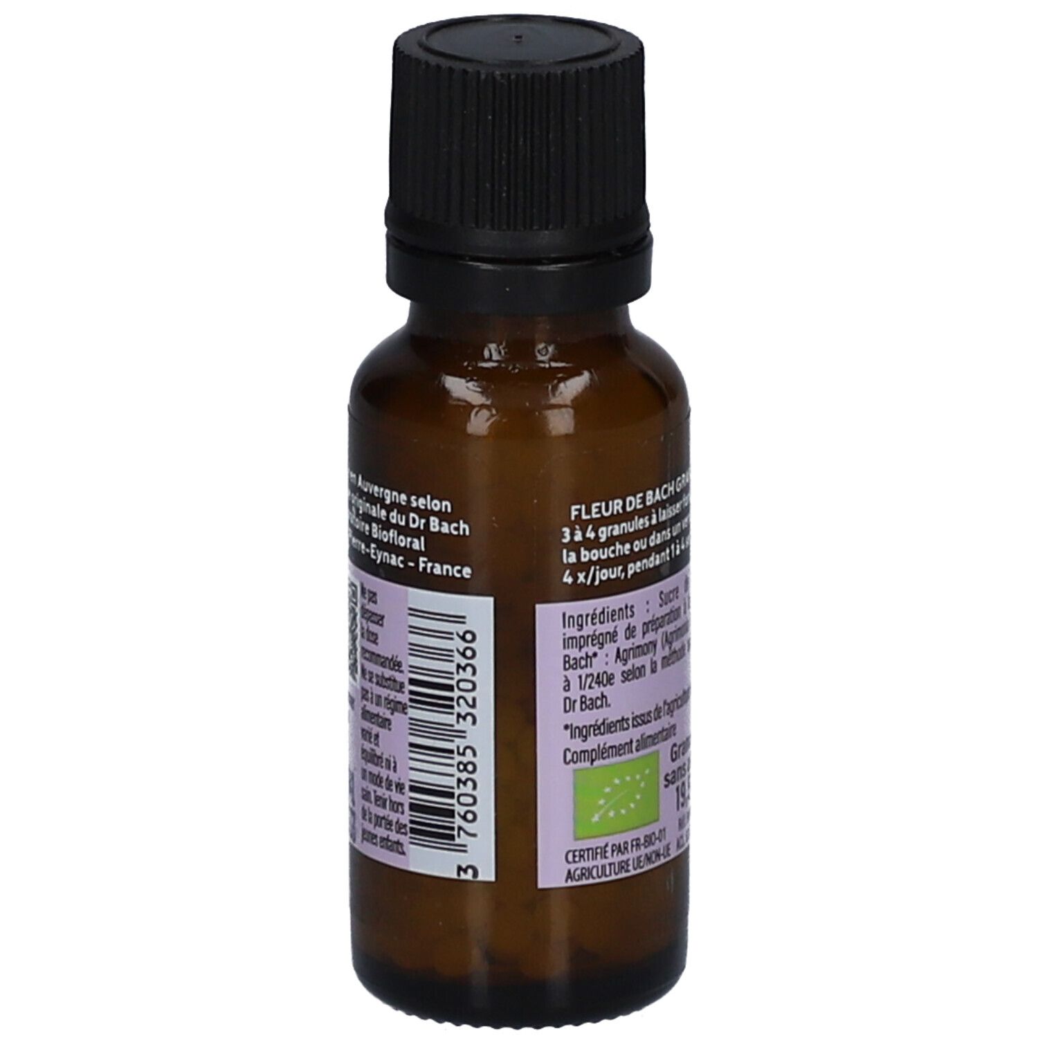 Flacon en verre brun avec bouchon noir. Étiquette arrière avec informations produit, fabricant et label bio. Marque : BIOFLORAL.