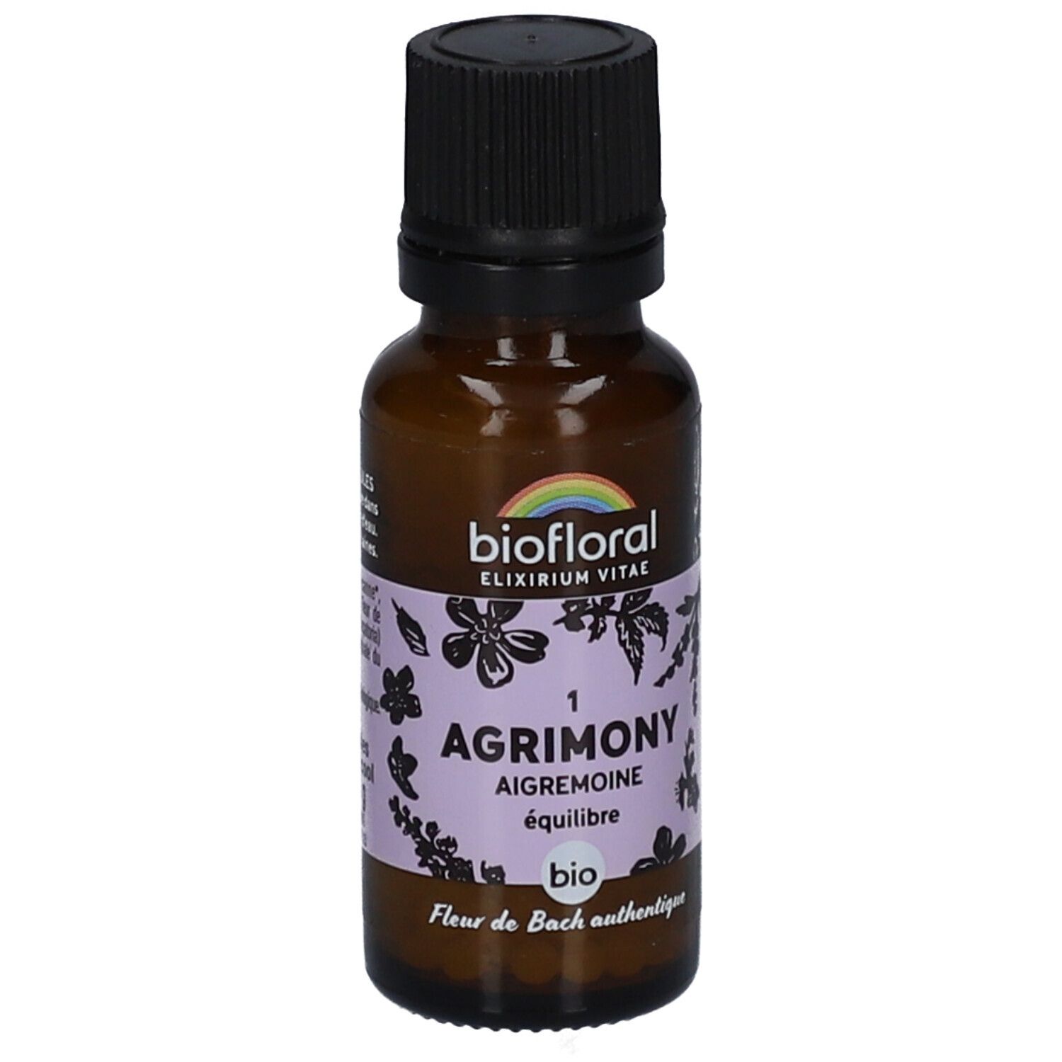 Flacon en verre brun avec bouchon noir. Étiquette avec nom du produit, motifs floraux et label bio. Marque : BIOFLORAL.