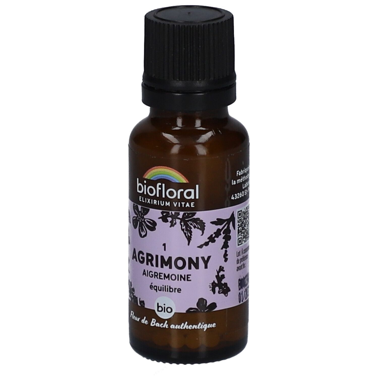 Flacon en verre brun avec bouchon noir. Étiquette avec nom du produit, motifs floraux et label bio. Marque : BIOFLORAL.