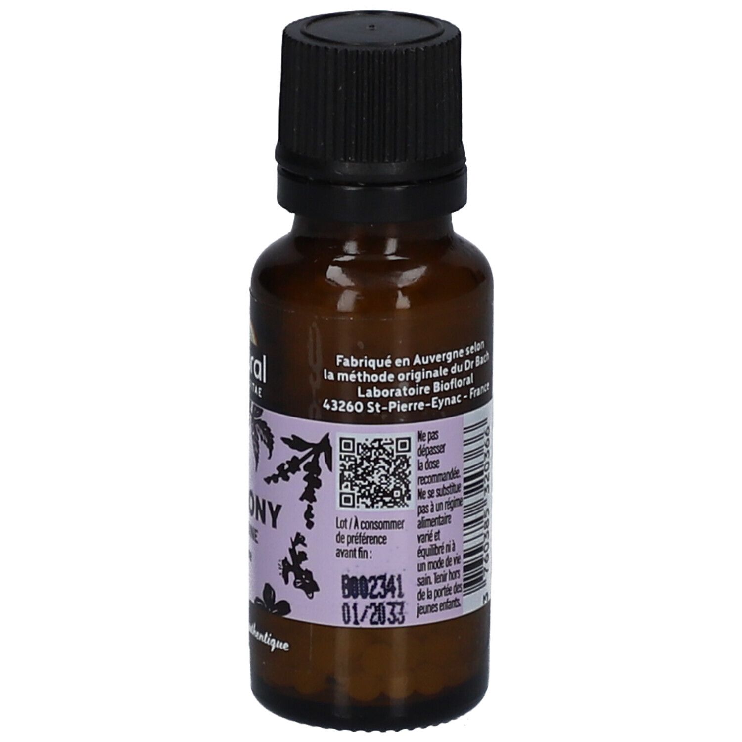 Flacon en verre brun avec bouchon noir. Étiquette arrière avec informations produit, QR code et label bio. Marque : BIOFLORAL.