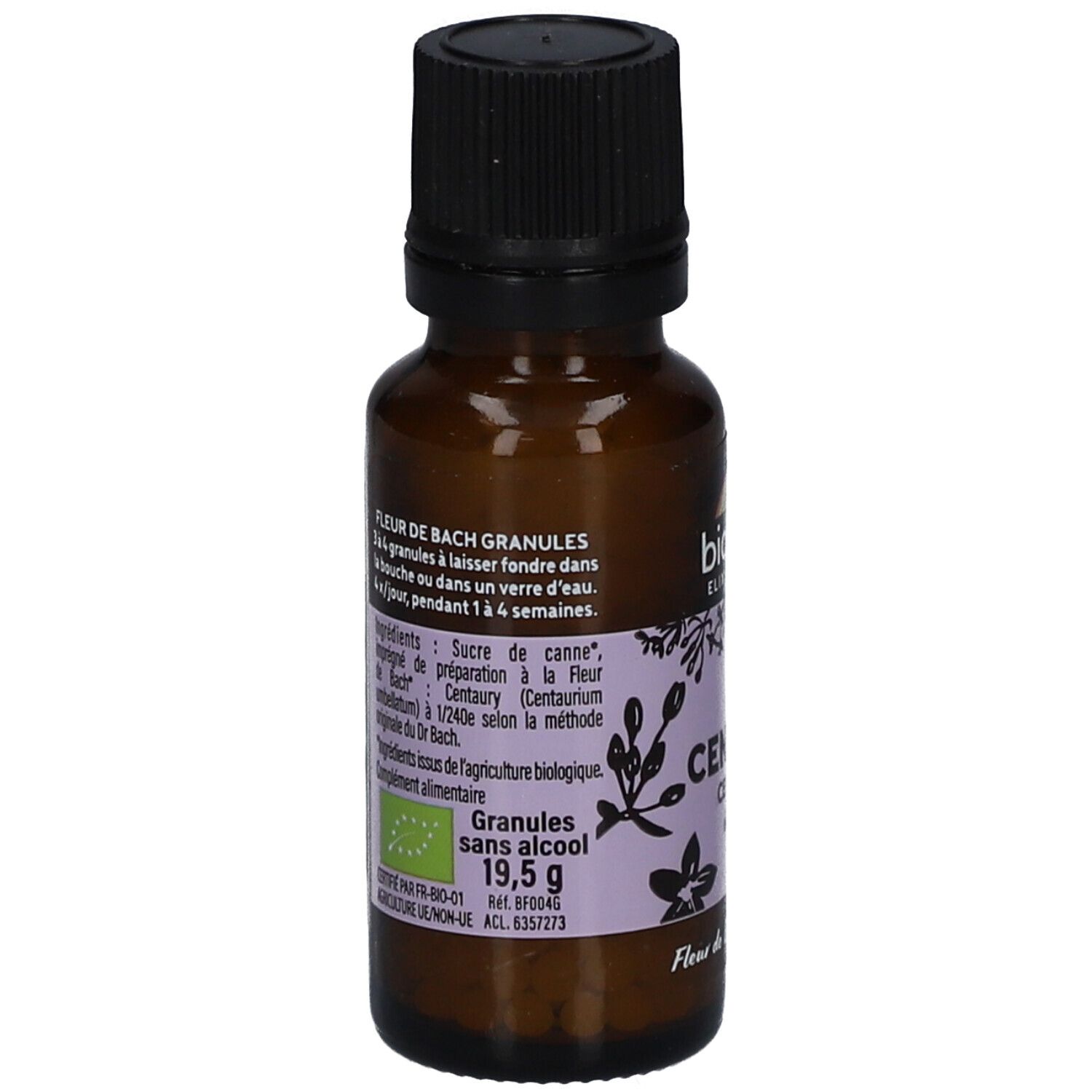 Braune Glasflasche mit schwarzem Deckel. Etikett mit Text: Fleur de Bach Granules, 19,5 g, sans alcool, Bio.