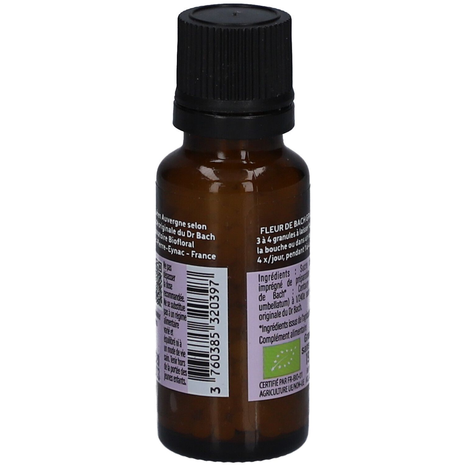 Braune Glasflasche mit schwarzem Deckel. Etikett mit Text und Barcode. Bio-Zertifizierung. Text: Fleur de Bach.