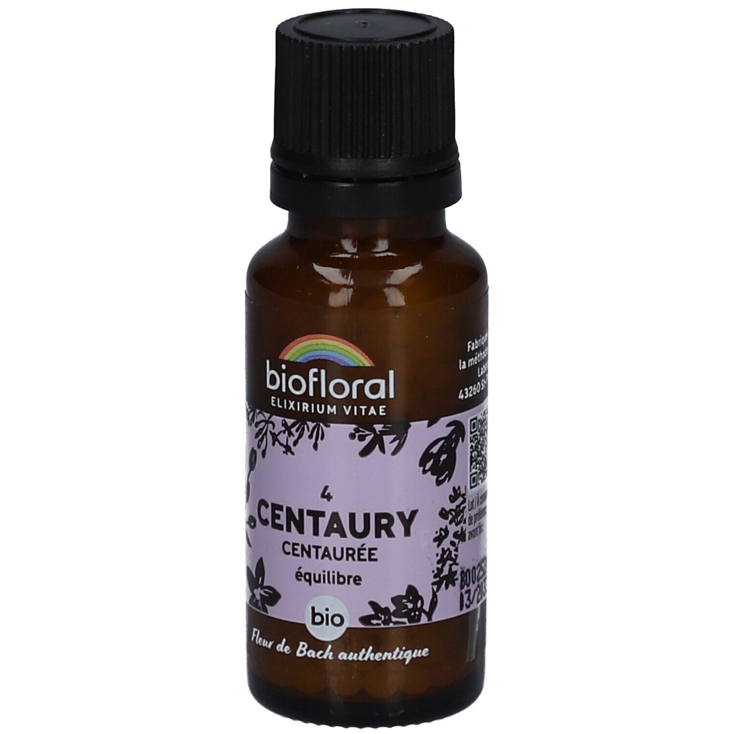 Braune Glasflasche mit schwarzem Deckel. Etikett mit Text: Centaury, Biofloral, Bio. Regenbogen-Logo.