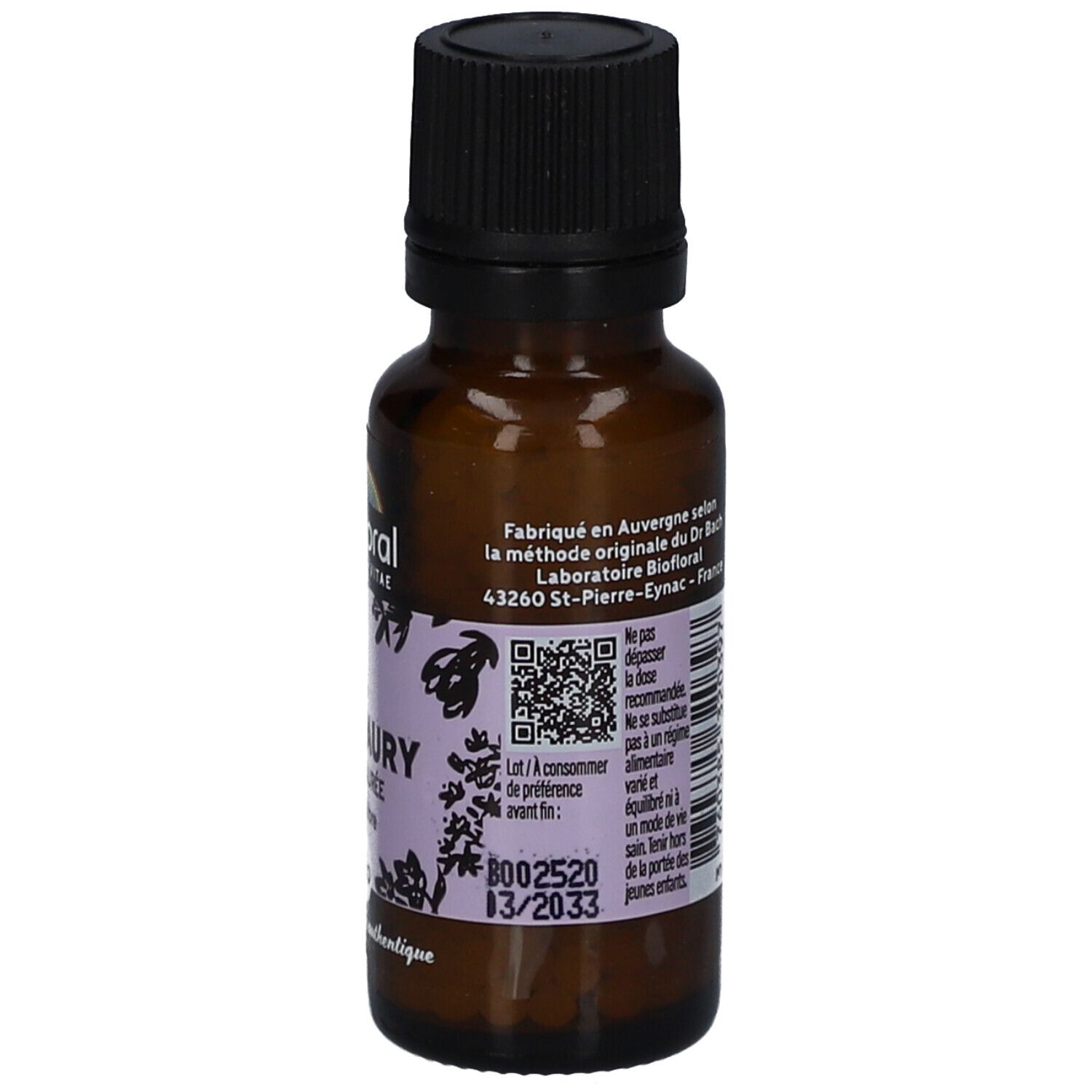Braune Glasflasche mit schwarzem Deckel. Etikett mit Text, QR-Code und Mindesthaltbarkeitsdatum. Bio-Zertifizierung.