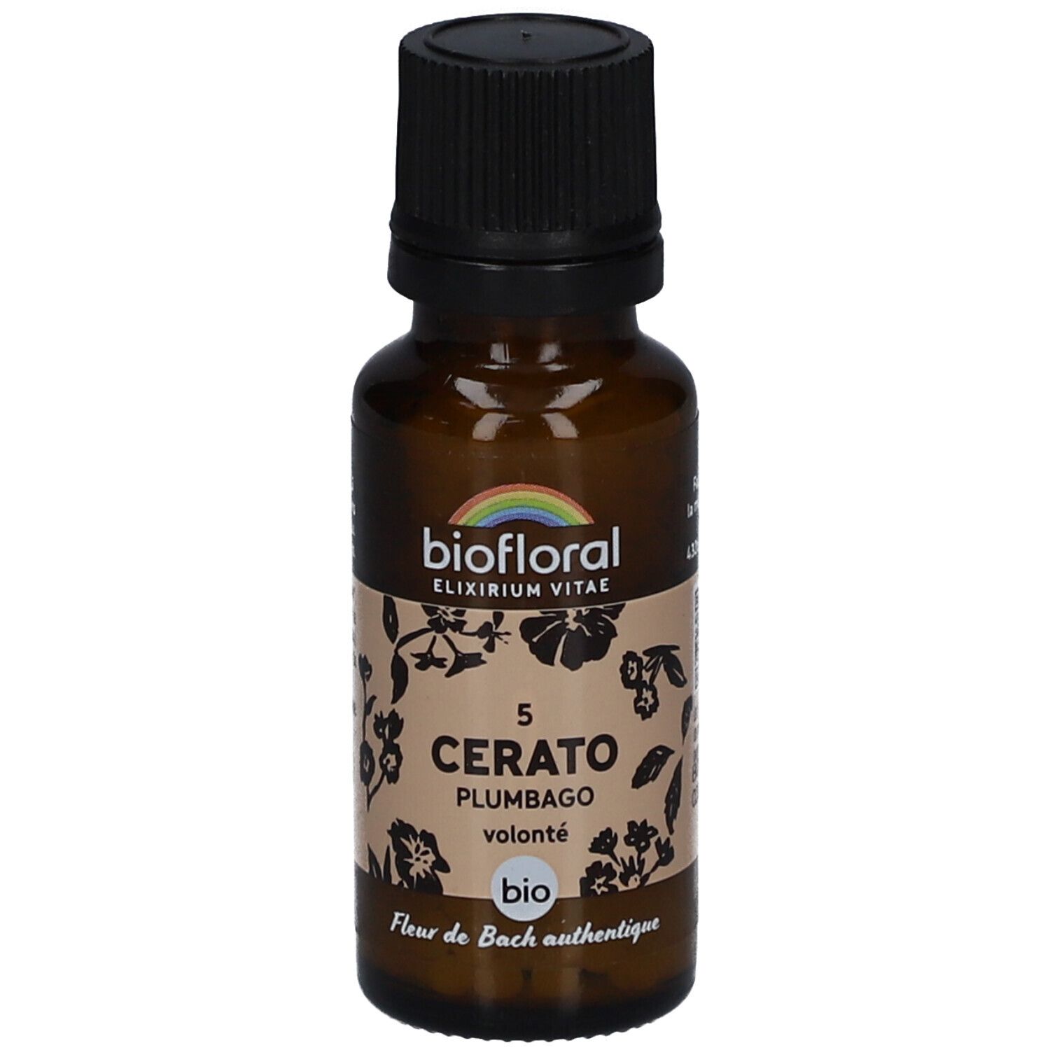 Braune Glasflasche mit schwarzem Deckel. Etikett mit "BIOFLORAL", "Cerato", "Plumbago" und "Bio".