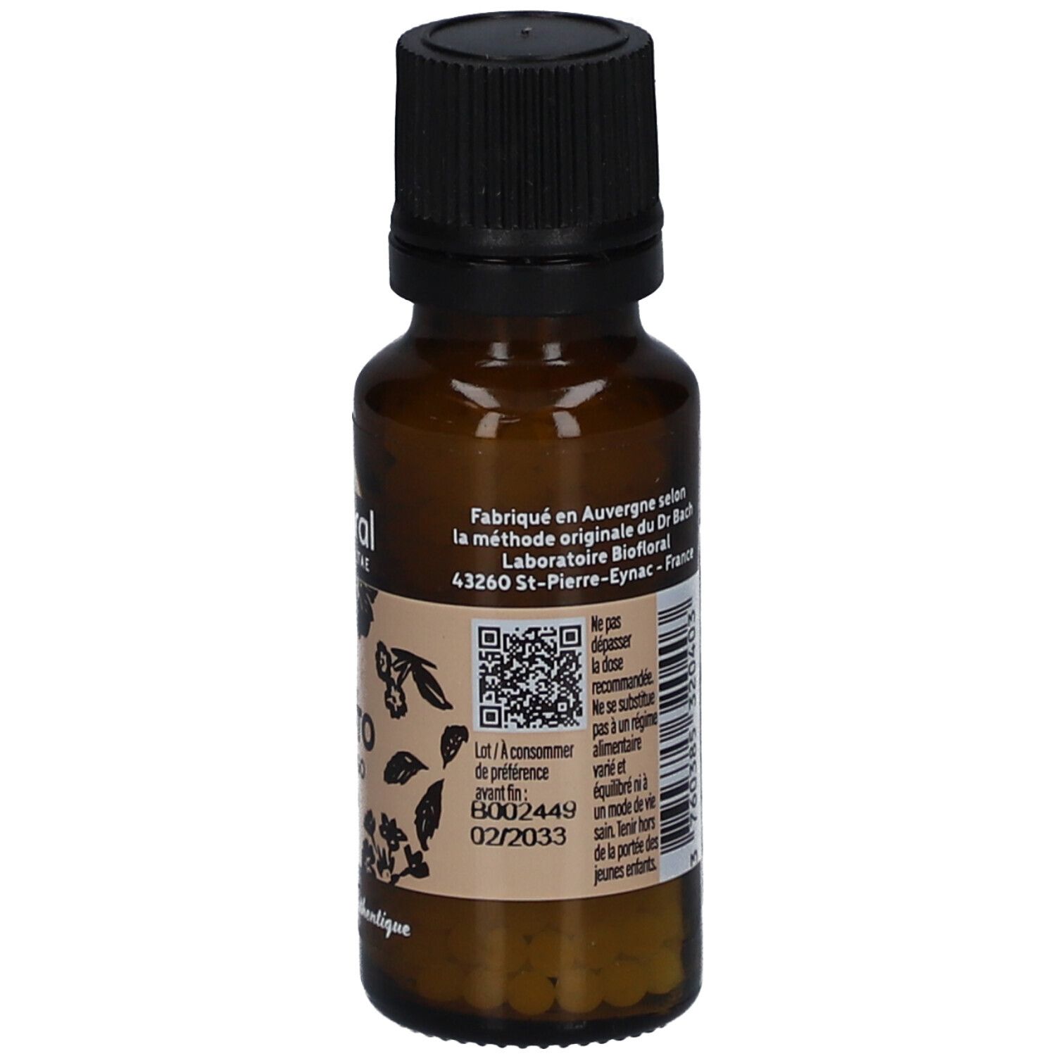 Braune Glasflasche mit schwarzem Deckel. Etikett mit Text, QR-Code und Verfallsdatum.