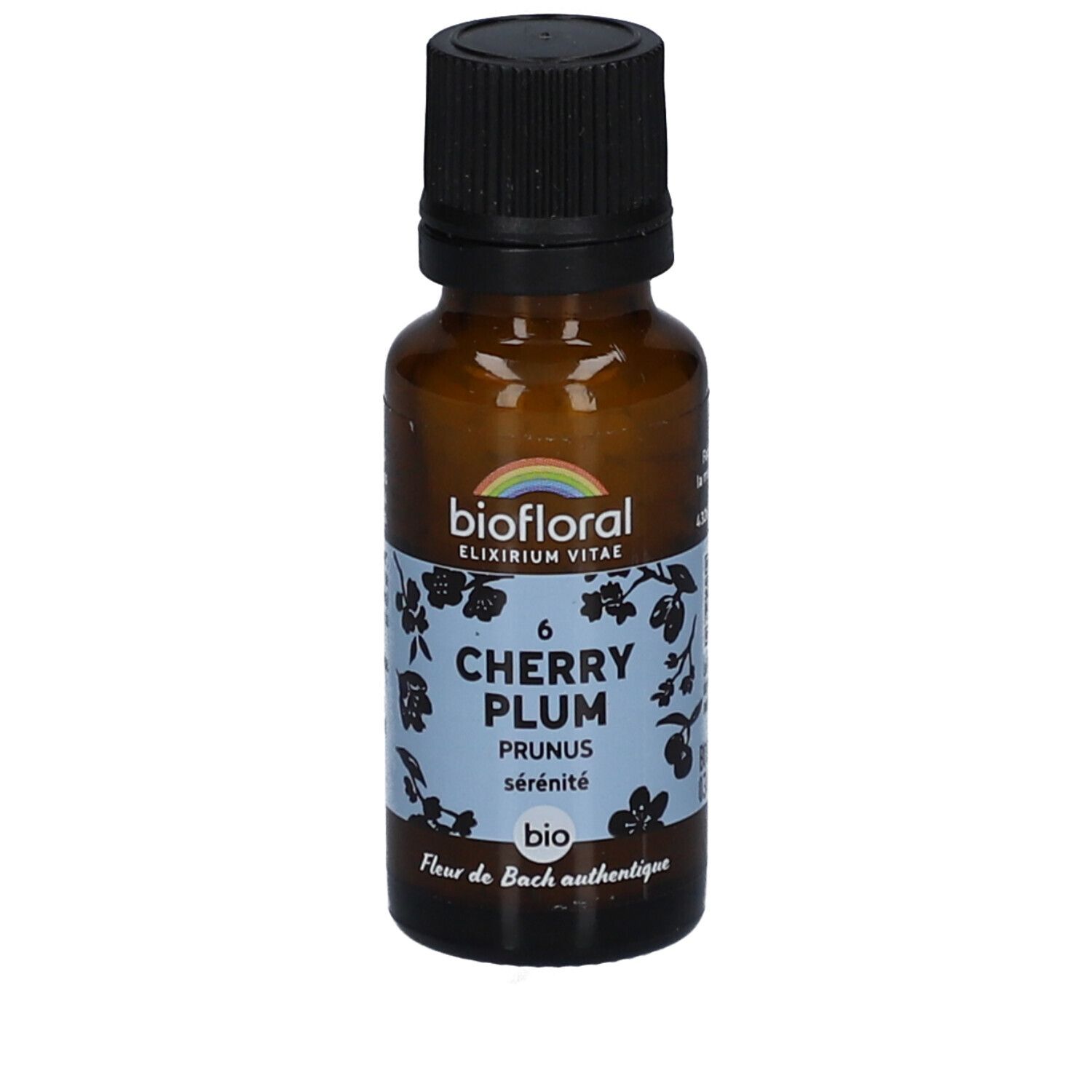 Flacon en verre brun avec bouchon noir. Étiquette avec nom du produit, marque et motif floral. BIOFLORAL 06 Cherry Plum.