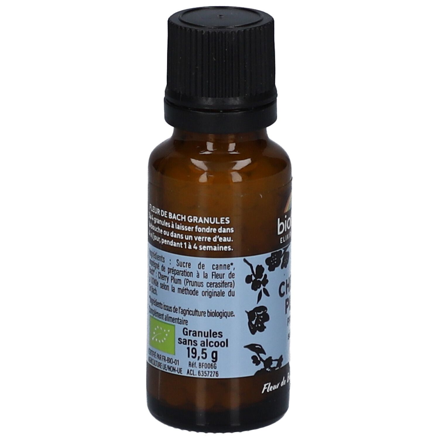 Flacon en verre brun avec bouchon noir. Étiquette avec informations sur le produit, ingrédients et certification bio. Granulés 19,5 g.