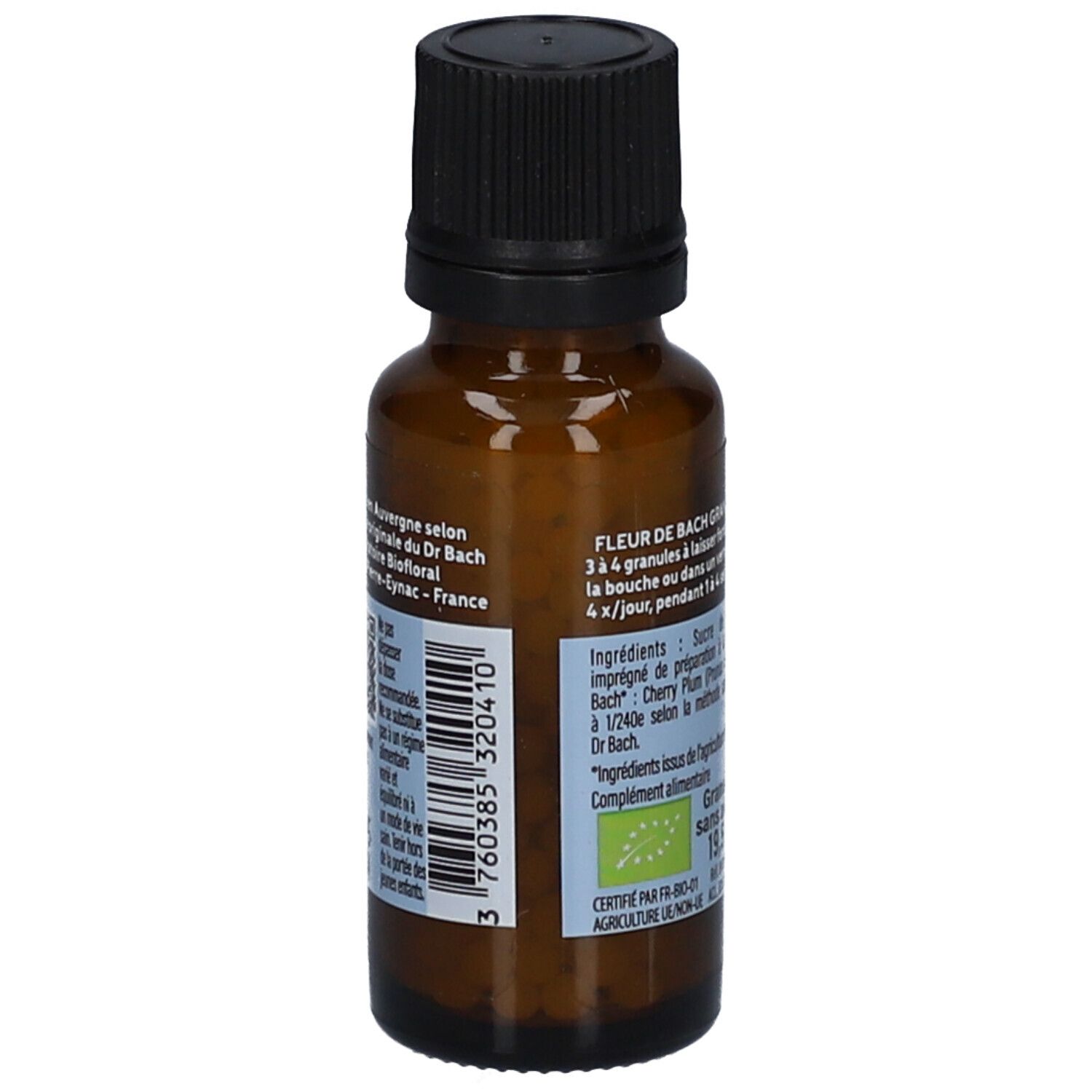 Flacon en verre brun avec bouchon noir. Étiquette avec informations sur le produit, ingrédients et code-barres. BIOFLORAL.