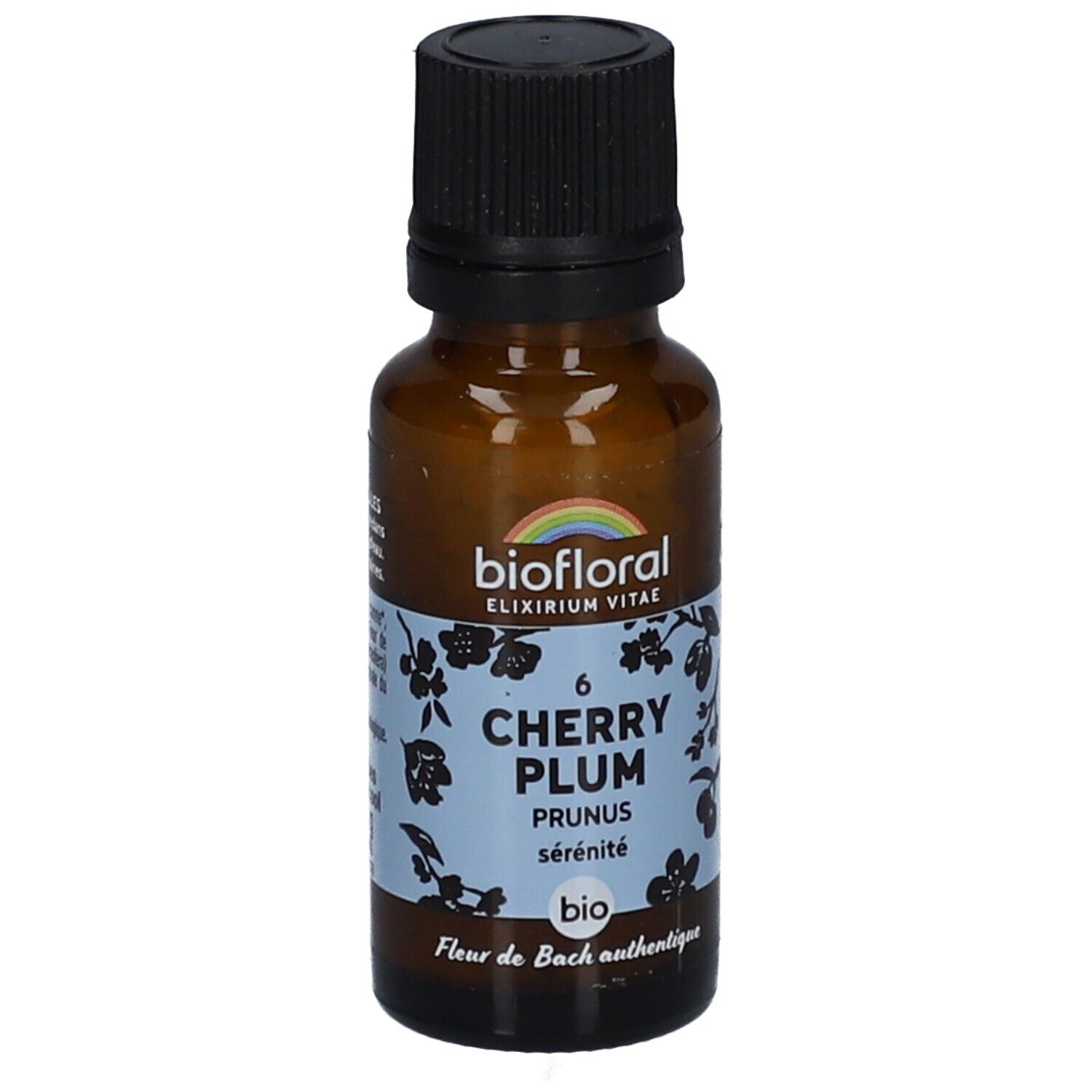 Flacon en verre brun avec bouchon noir. Étiquette avec nom du produit, marque et motif floral. BIOFLORAL 06 Cherry Plum.
