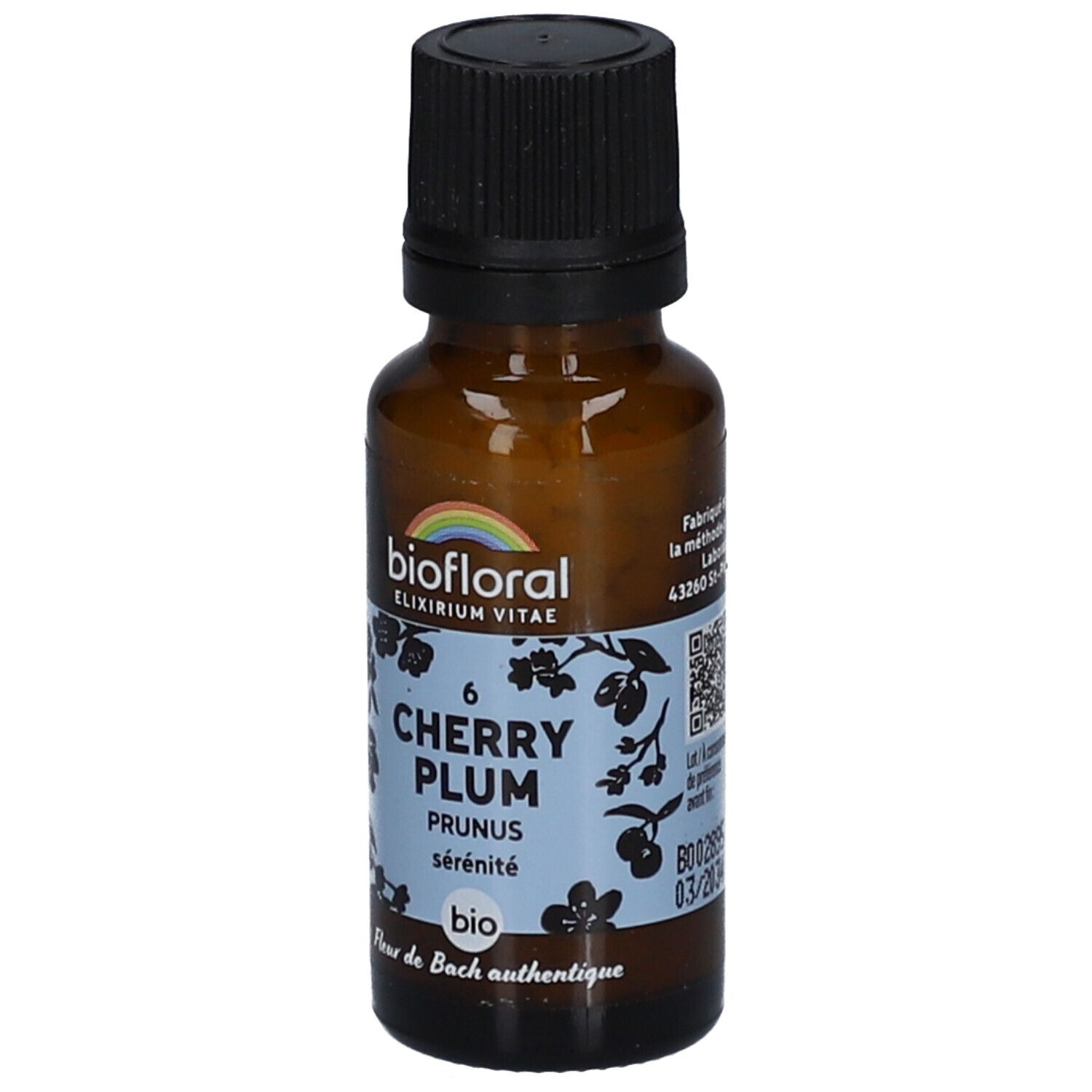 Flacon en verre brun avec bouchon noir. Étiquette avec nom du produit, marque et motif floral. BIOFLORAL 06 Cherry Plum. Code QR.