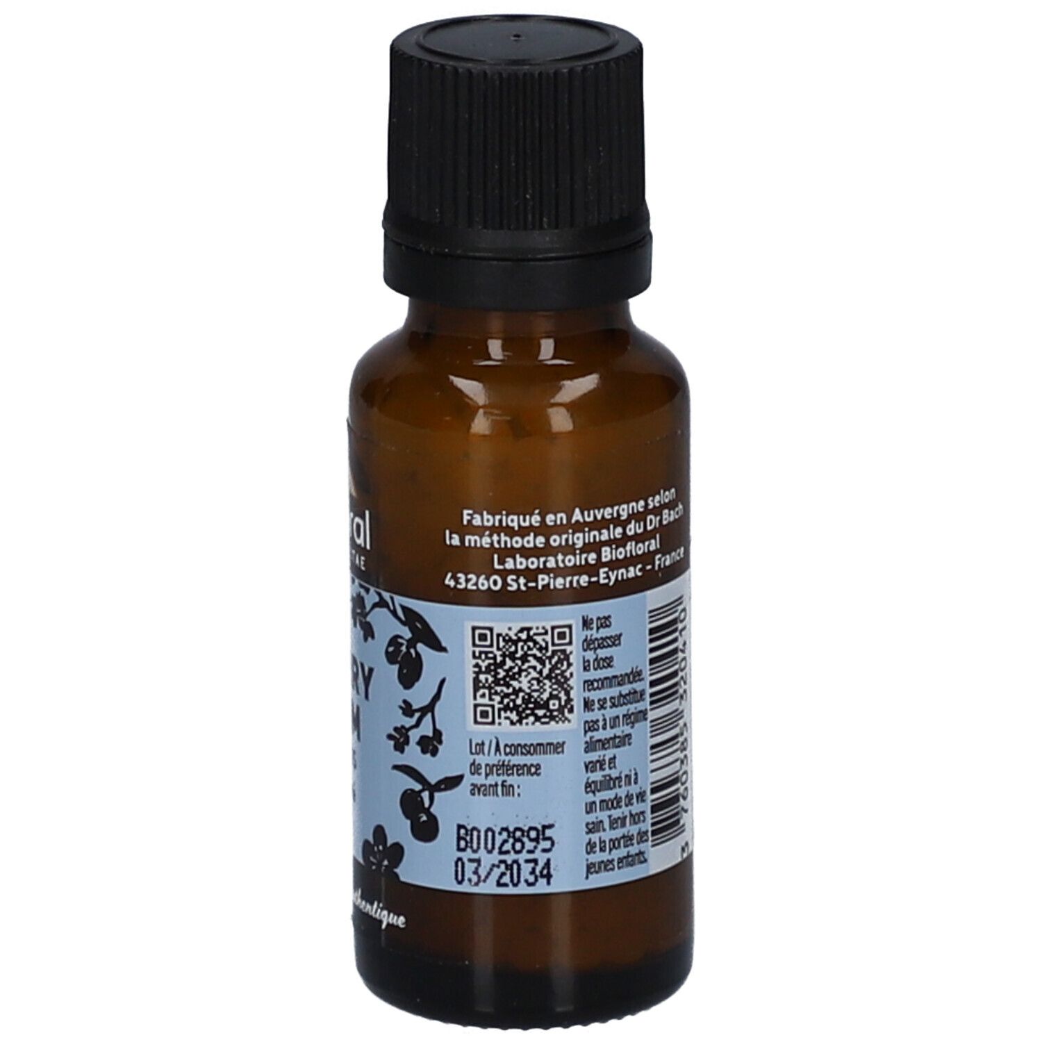 Flacon en verre brun avec bouchon noir. Étiquette avec informations sur le produit, code QR et date de péremption. BIOFLORAL.