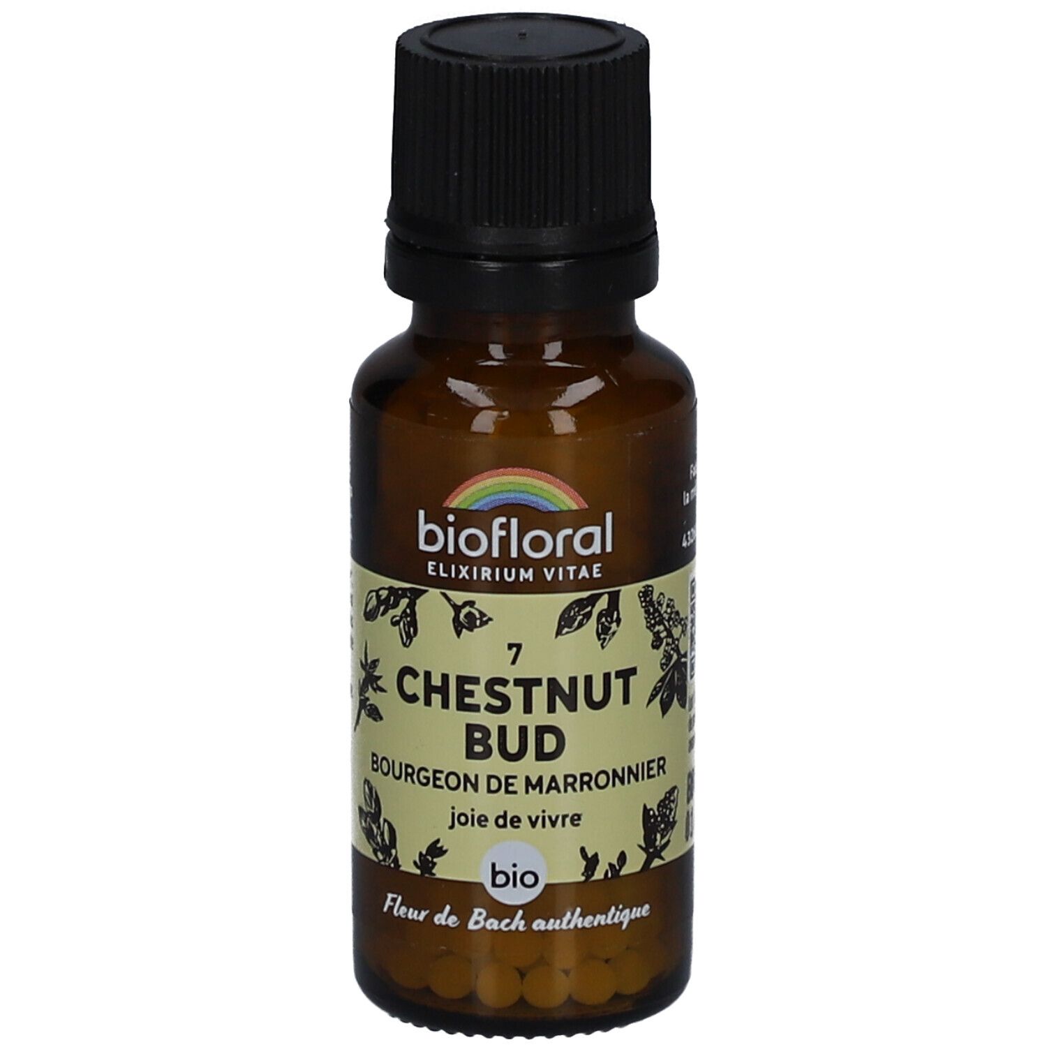 Flacon en verre brun avec bouchon noir. Étiquette "BIOFLORAL", "7 CHESTNUT BUD" et "bio".