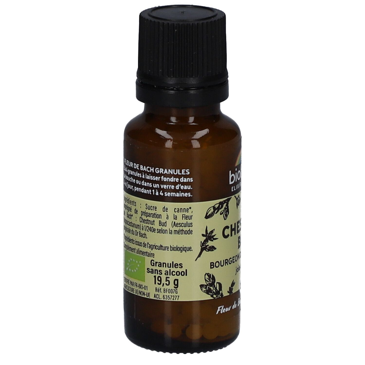 Flacon brun avec bouchon noir. Étiquette avec ingrédients, "Granules sans alcool", et label bio.