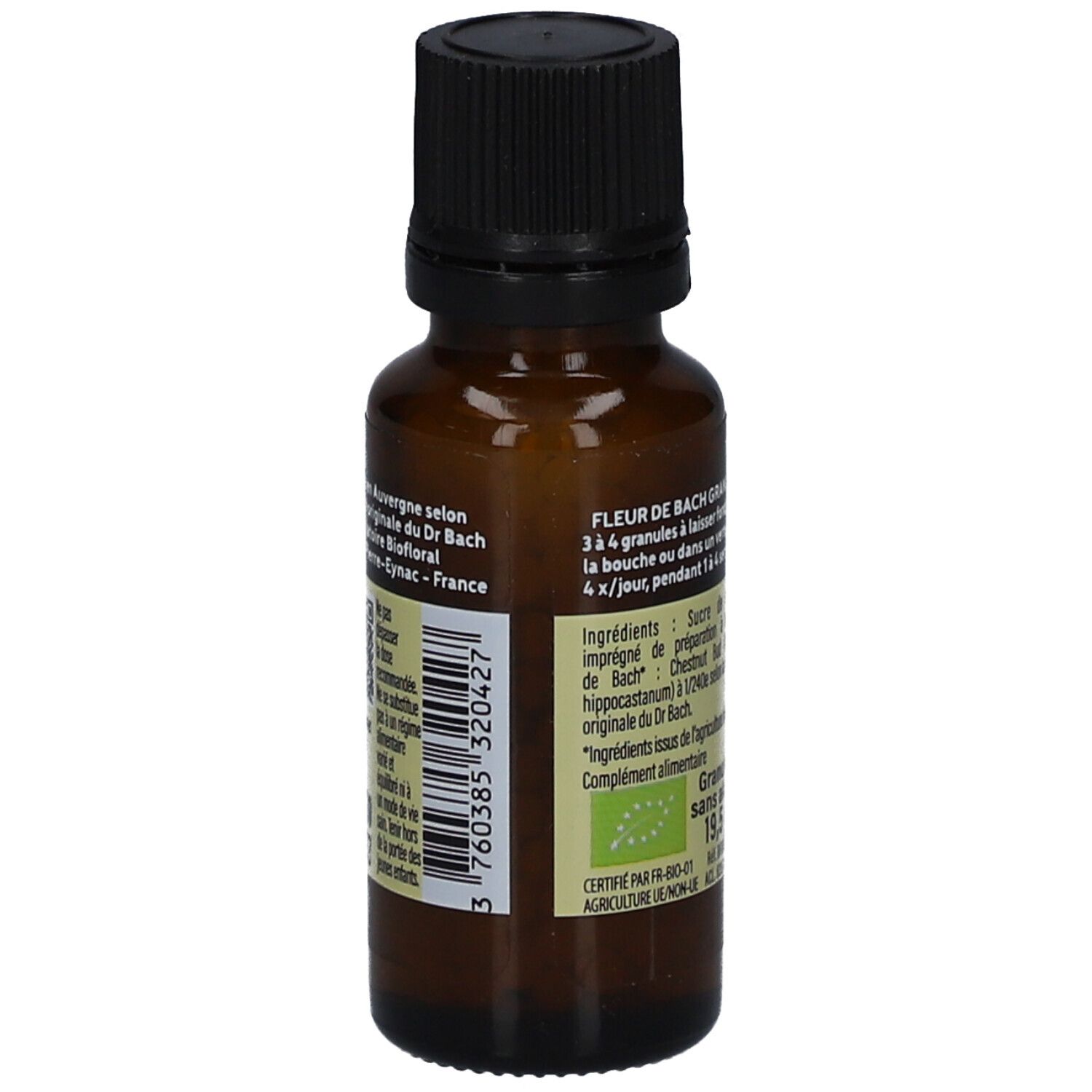 Flacon brun avec bouchon noir. Étiquette avec ingrédients, dosage et label bio.