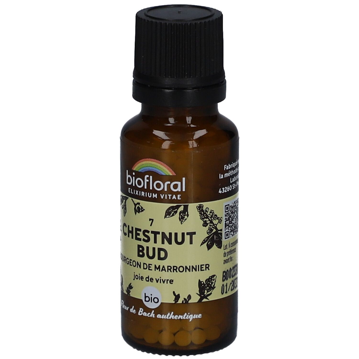 Flacon brun avec bouchon noir. Étiquette "BIOFLORAL", "7 CHESTNUT BUD", code QR et label bio.