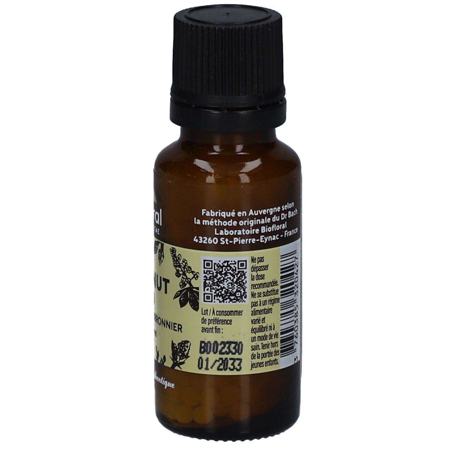 Flacon brun avec bouchon noir. Étiquette avec informations fabricant, code QR et date de péremption.