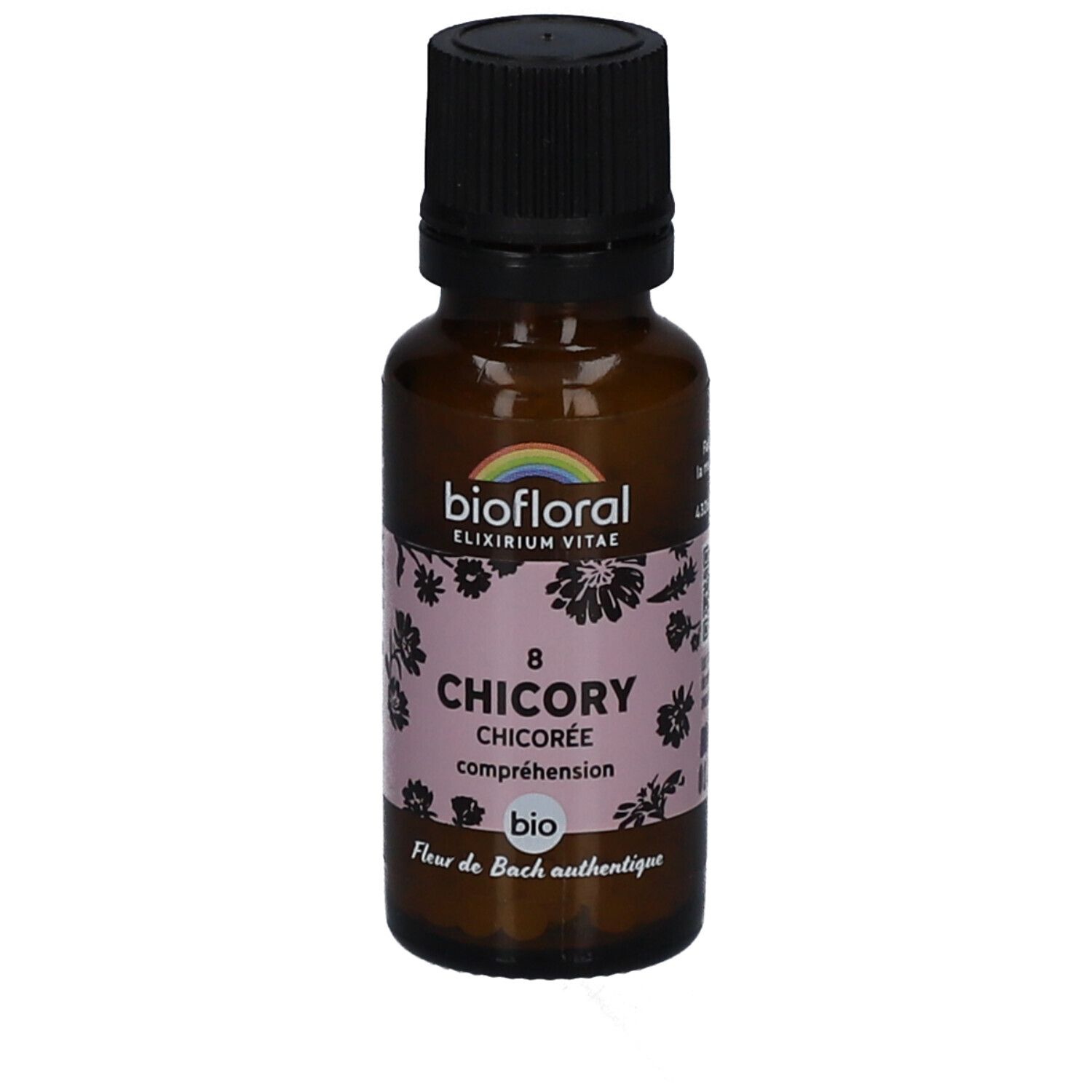 Braune Glasflasche mit schwarzem Deckel. Etikett mit floralem Muster und Text: BIOFLORAL, 8 CHICORY, BIO, Fleur de Bach authentique.