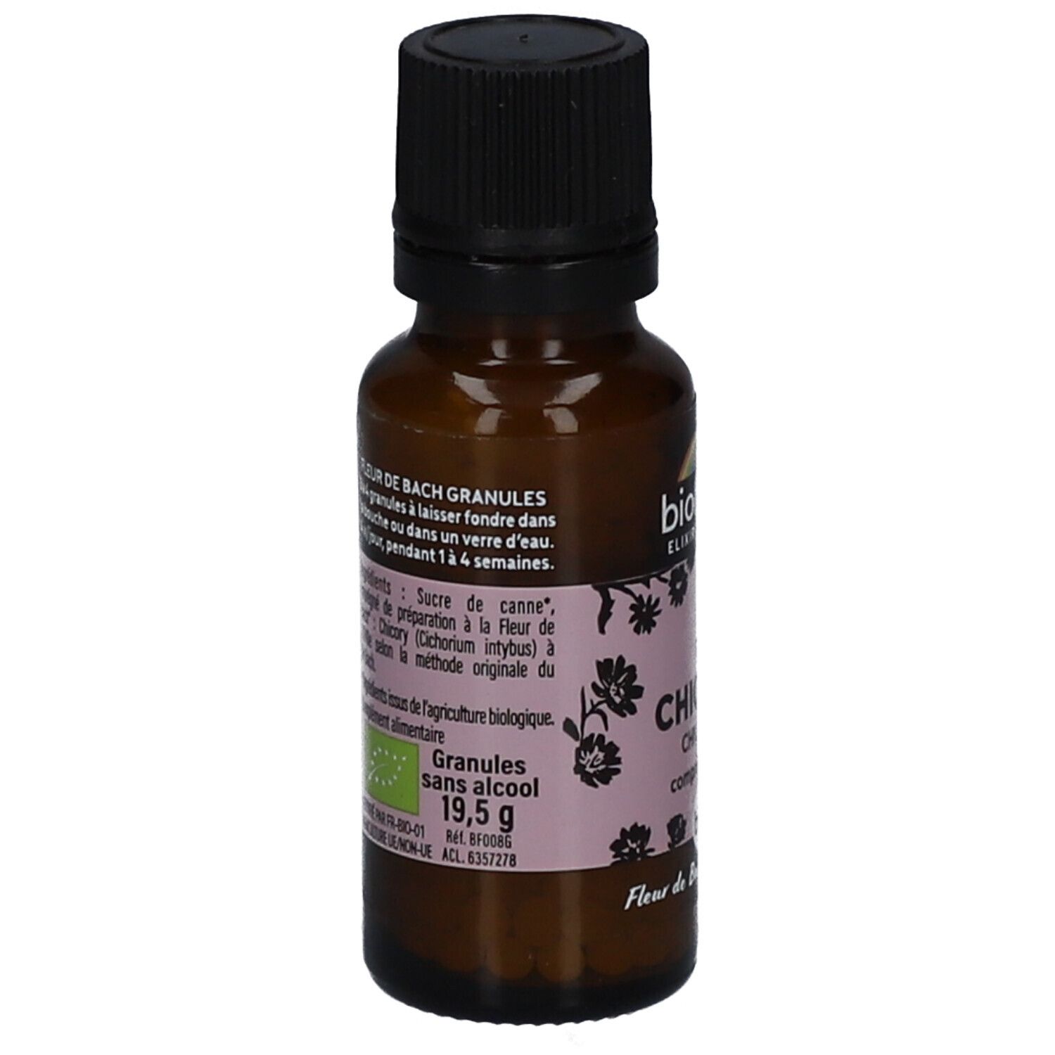 Braune Glasflasche mit schwarzem Deckel. Etikett mit Text: Fleur de Bach Granules, Inhaltsstoffe, Granules sans alcool, 19,5 g, BIO.