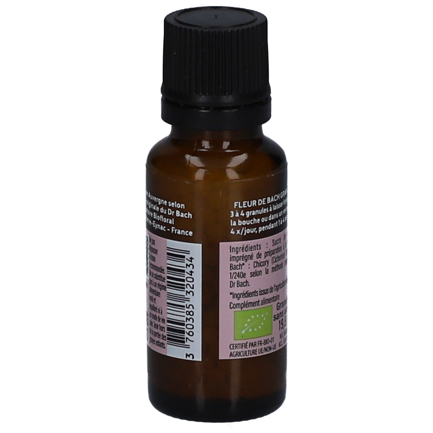 Braune Glasflasche mit schwarzem Deckel. Etikett mit Text: Fleur de Bach Granules, Inhaltsstoffe, BIO, 3 760385 320434.