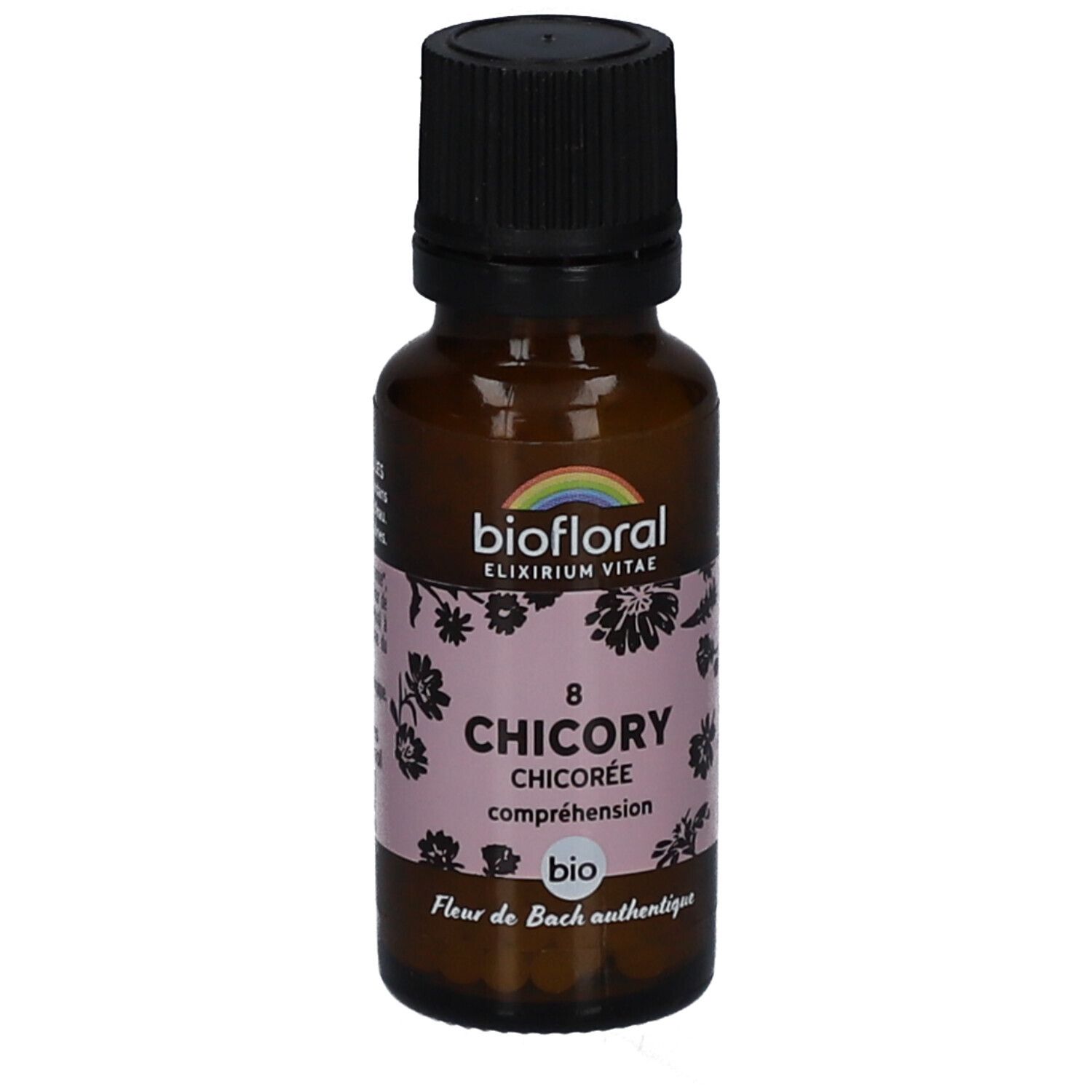 Braune Glasflasche mit schwarzem Deckel. Etikett mit floralem Muster und Text: BIOFLORAL, 8 CHICORY, BIO, Fleur de Bach authentique.